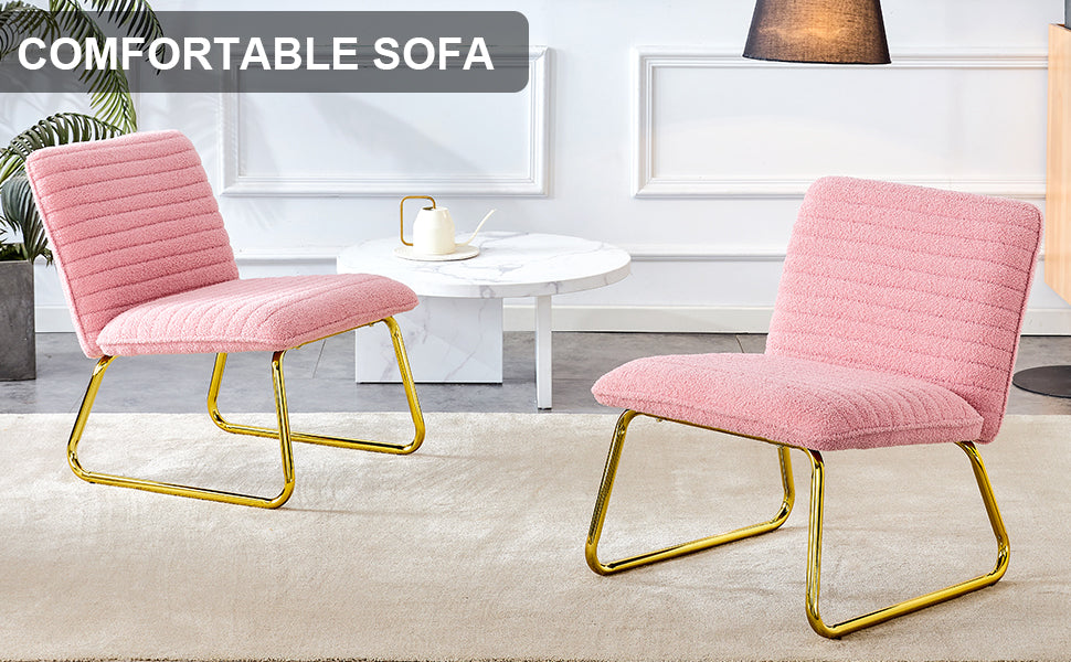 Modern minimalist pink plush fabric single person sofa chair with golden metal legs. Suitable for living room, bedroom, club, comfortable cushioned single person leisure sofa