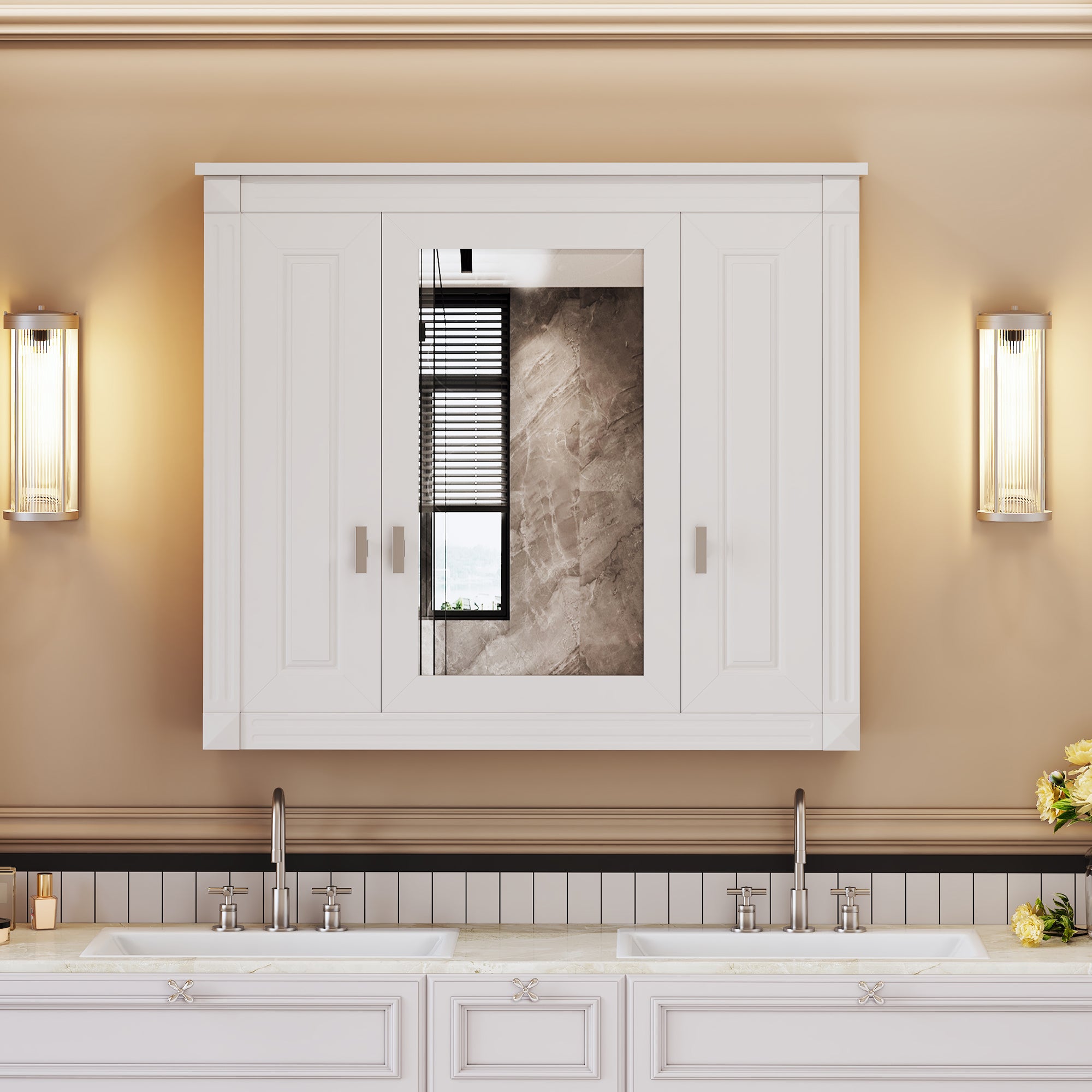 White bathroom wall cabinet with mirrored door open showing 5 shelves