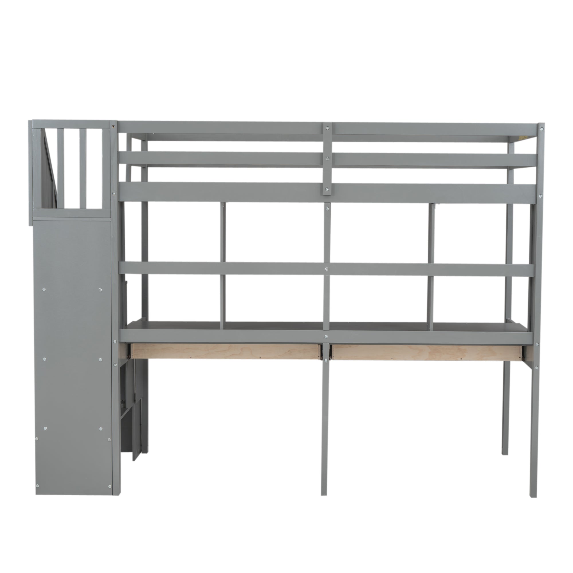 Twin Size Loft Bed Frame with Storage Staircase and Double Desks and Shelves,Gray