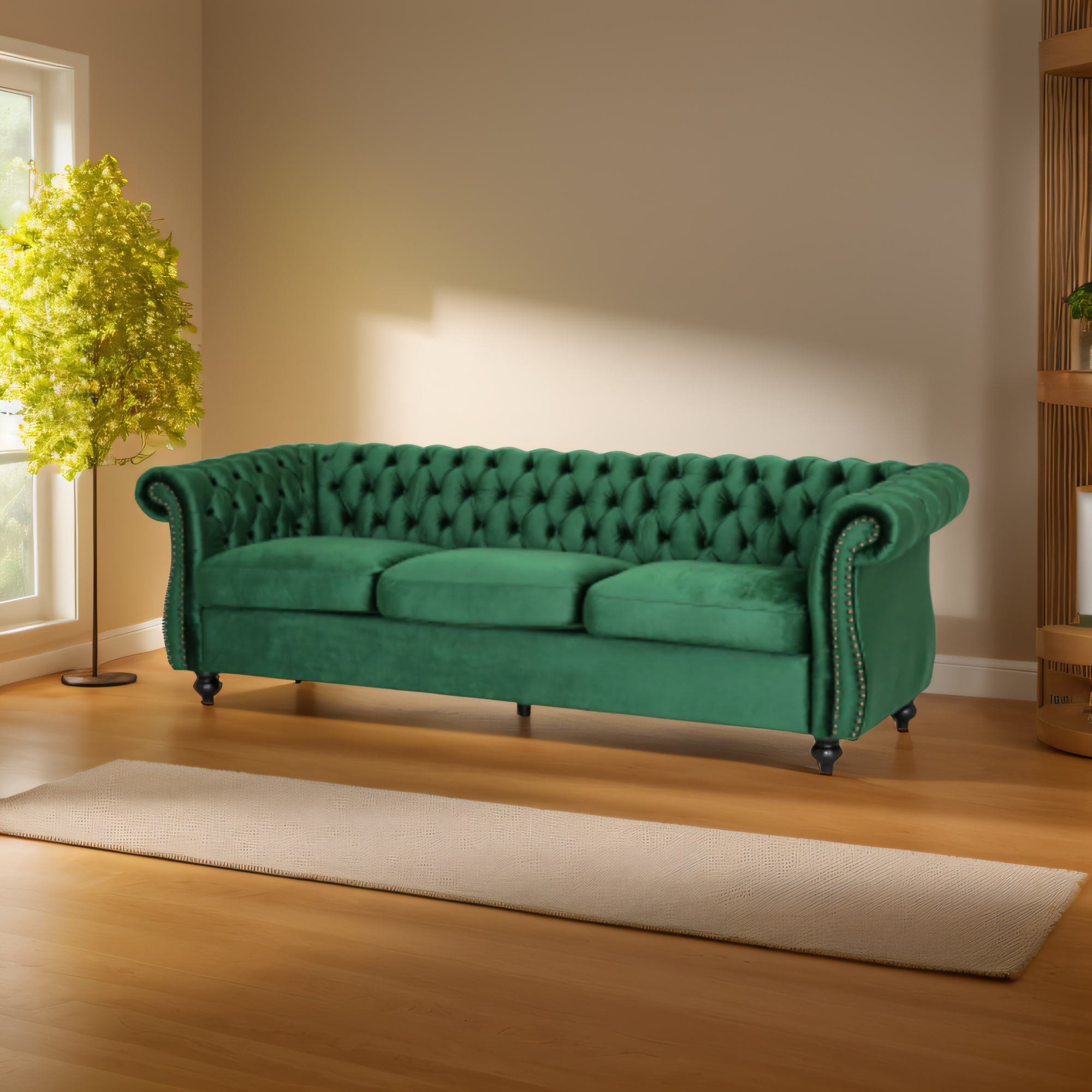 Durable 3-Seater Emerald Velvet Sofa, Combining Luxurious Comfort with Timeless Design, Perfect for Elegant Living Spaces, Featuring Plush Upholstery for Relaxation and a Touch of Sophisticated Style