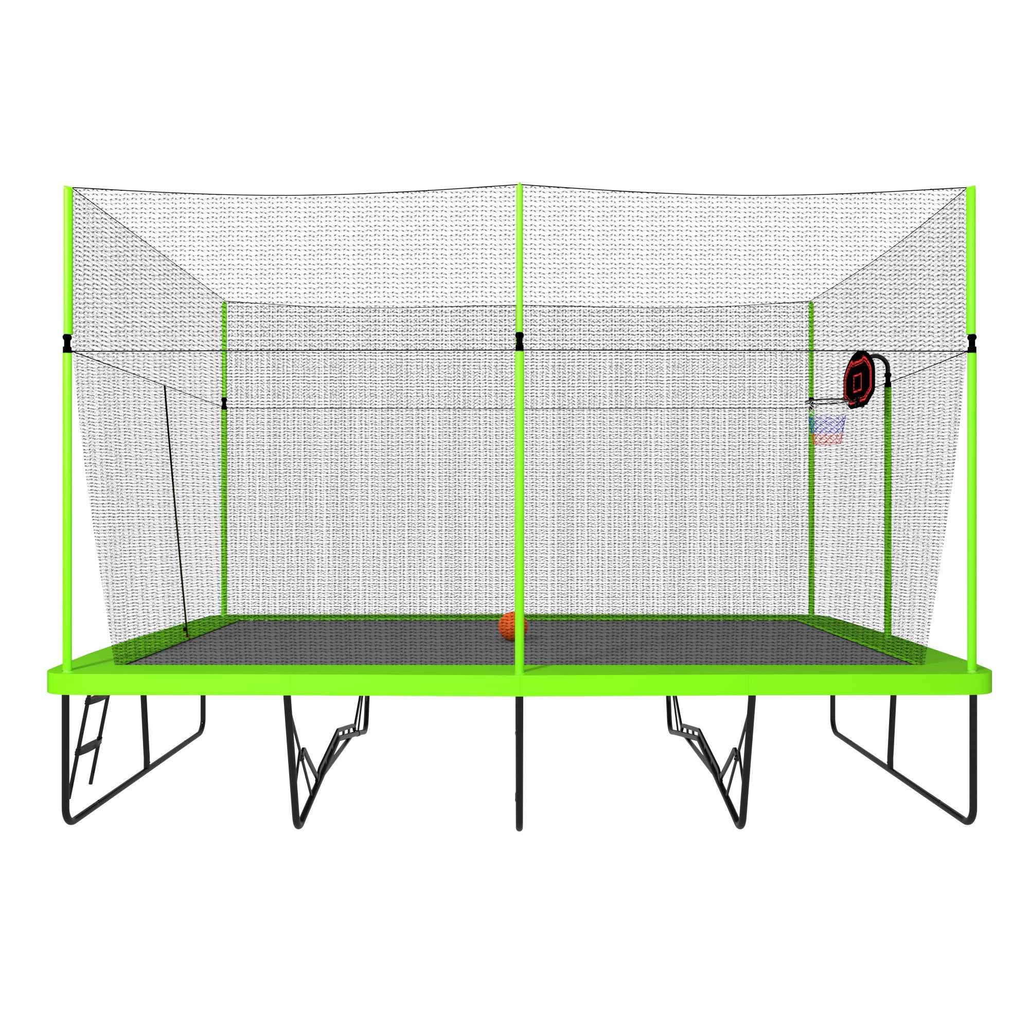 10ft by 17ft Rectangule Trampoline with Green Fabric Black Powder-coated Galvanized Steel Tubes with Basketball Hoop System Advanced Ladder