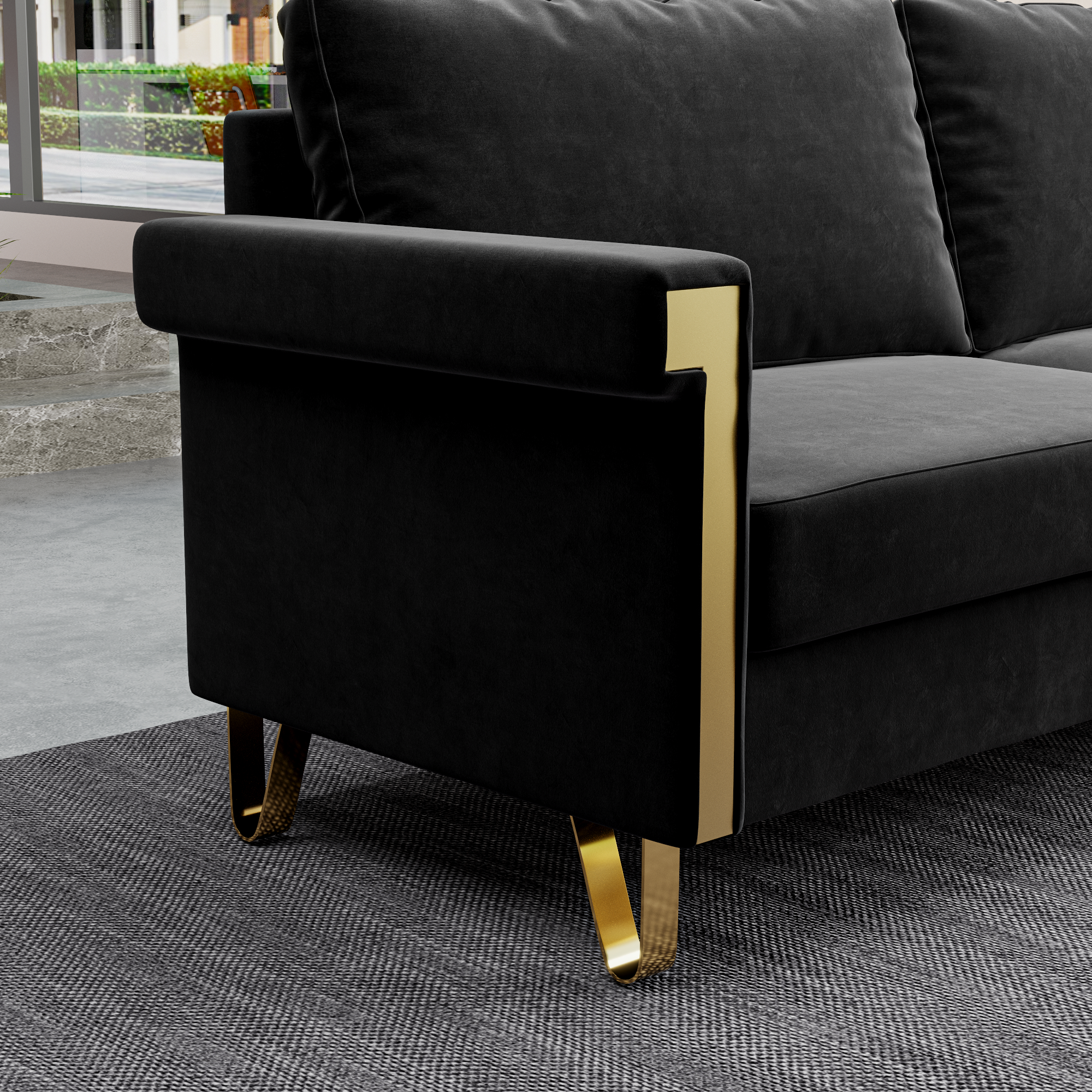 76.34inch Mid-Century Modern Velvet Sofa Black Couch with Gold Metal Accents for Living Room or Lounge