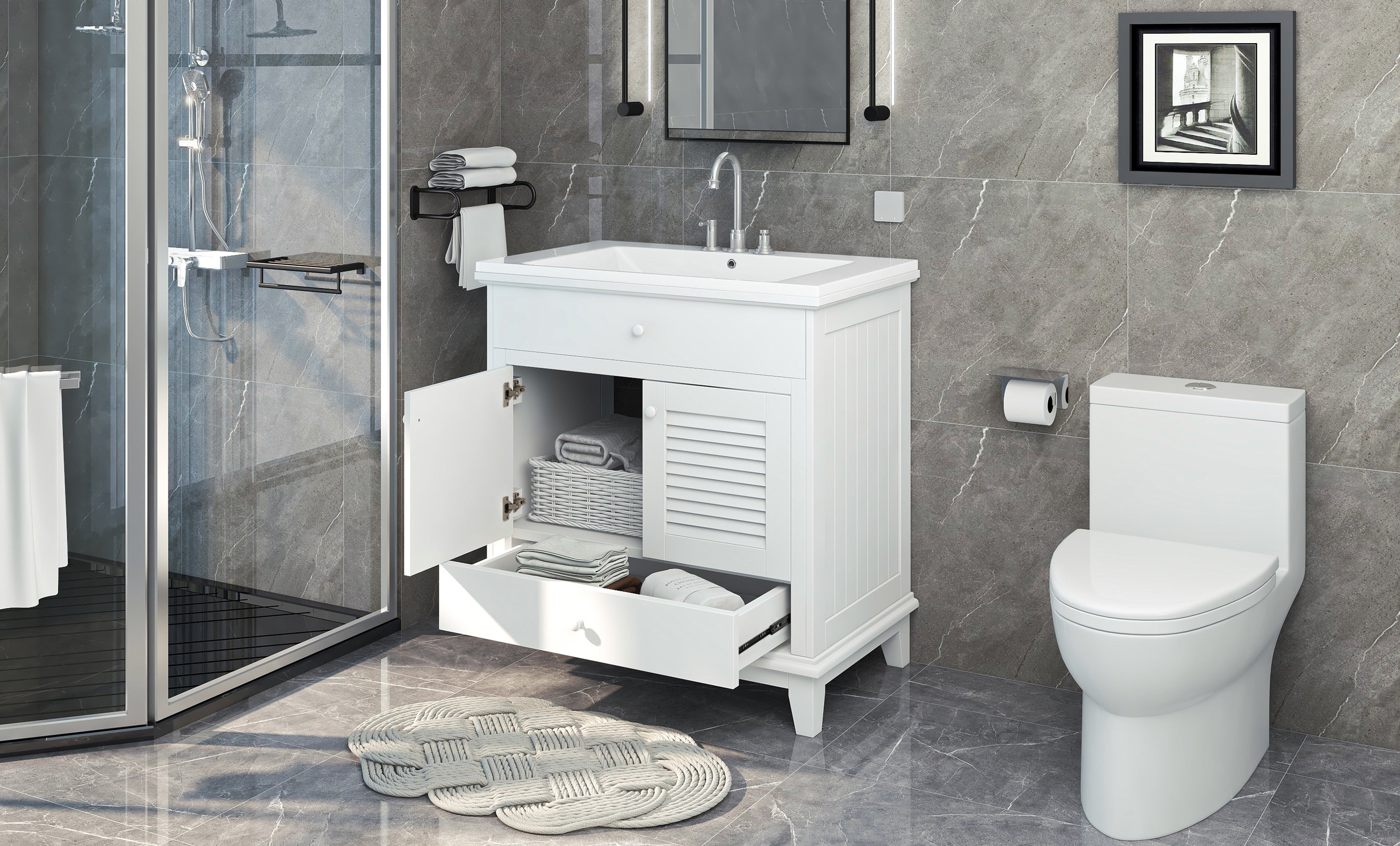 30" Bathroom Vanity with Sink, Bathroom Cabinet with Two Doors and One Drawer, White (OLD SKU: JL000005AAK-1)