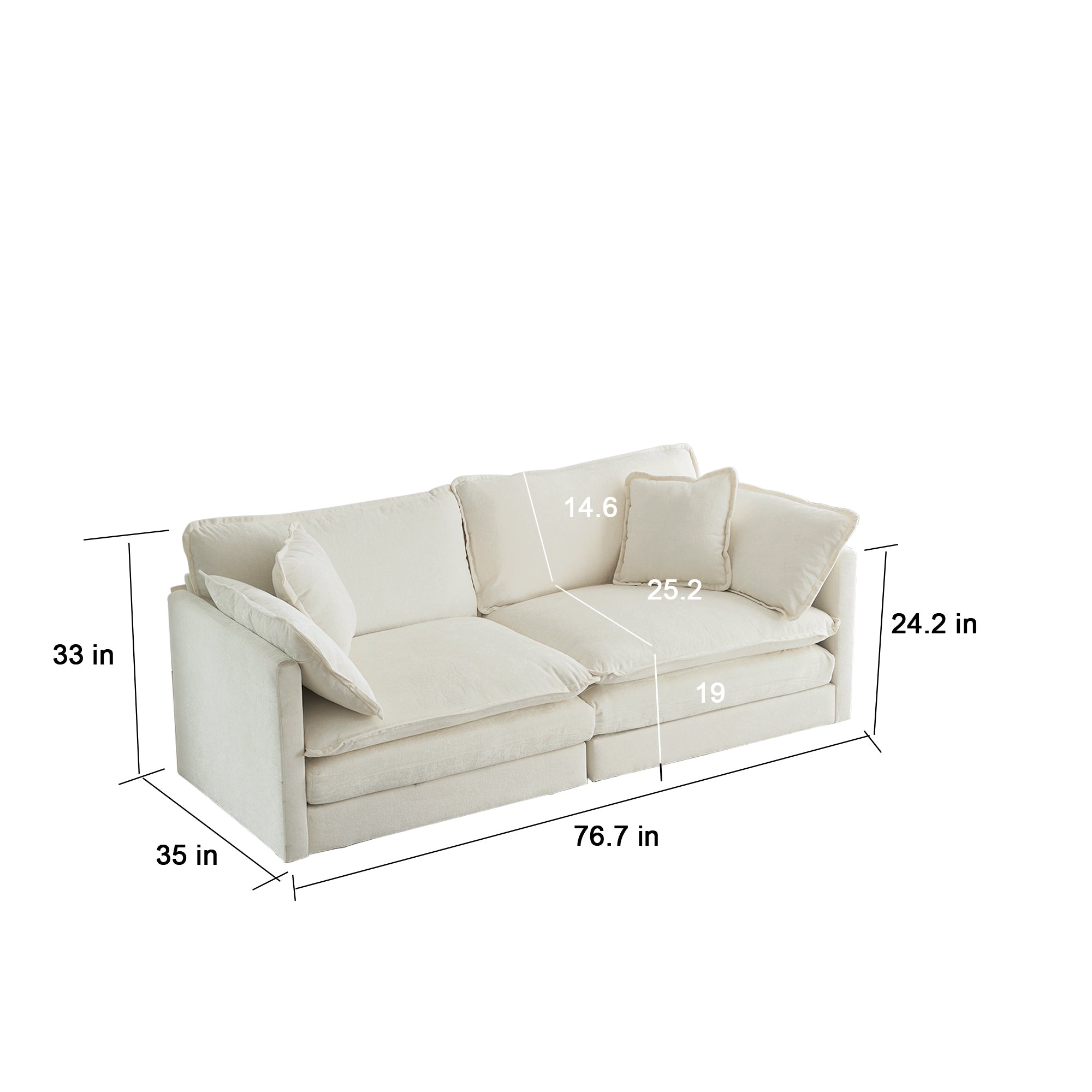 4 - Piece Upholstered Sectional Sofa, 1 - Piece of 2 Seater Sofa and 2- Piece of Ottomans , 2 Seater Loveseat Lounge with Ottomans , White Chenille