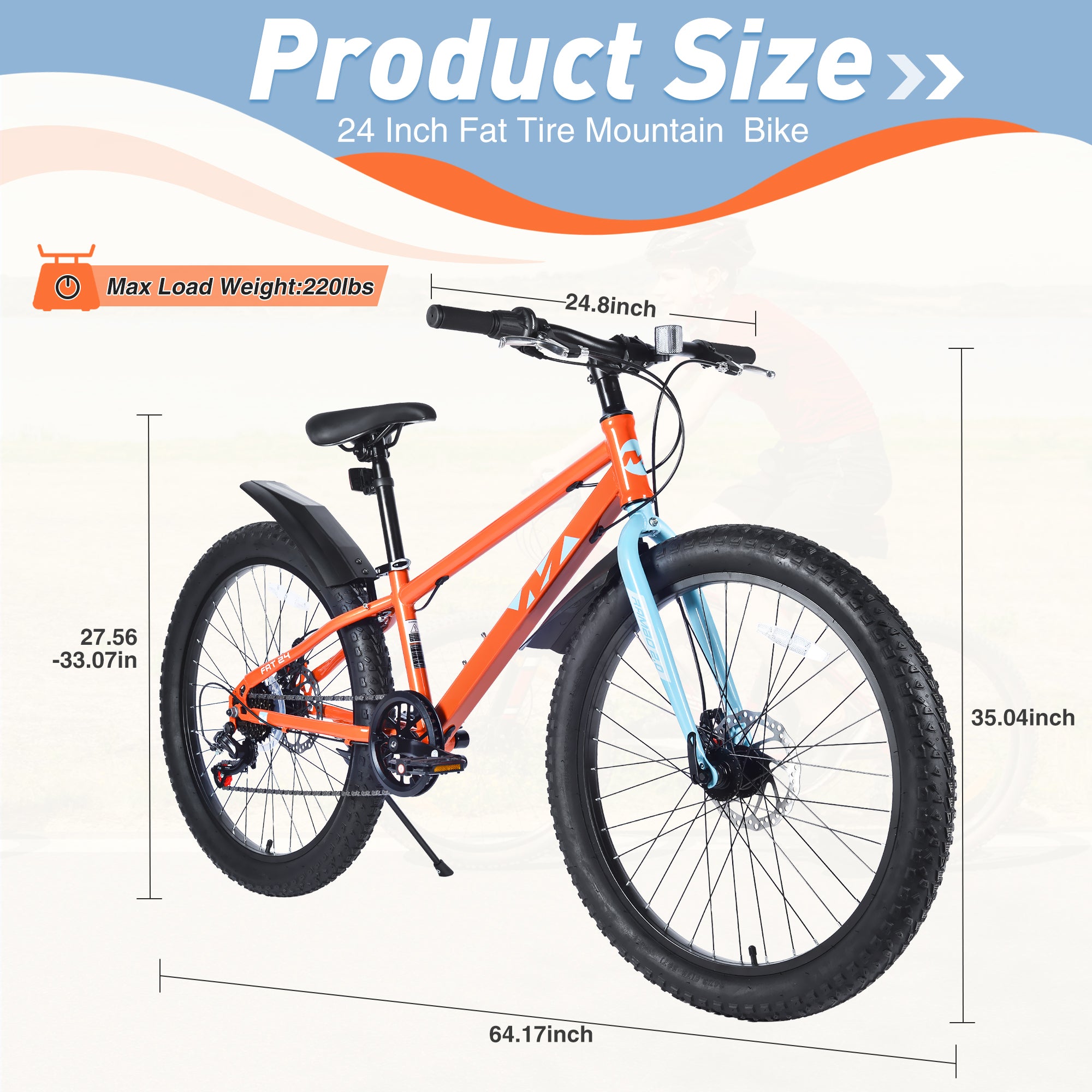 24 Inch Bicycles , Fat Tire Mountain Bike for Boys and Girls Age 10 + Years ,Dual-Disc Brake,Shimano 7-Speed ,Kids Beach and Snow Bicycle