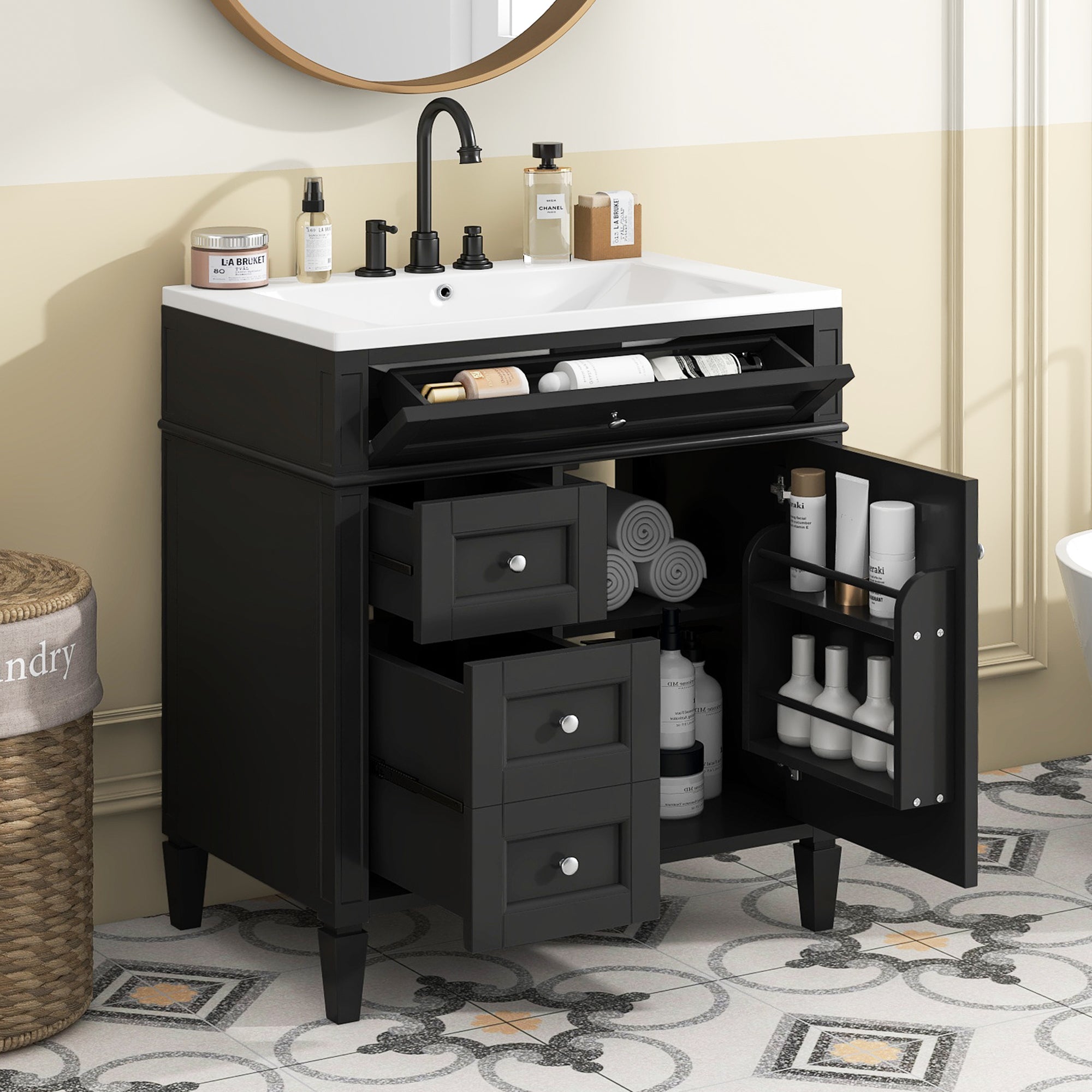 30'' Bathroom Vanity with Top Sink, Modern Bathroom Storage Cabinet with 2 Drawers and a Tip-out Drawer, Single Sink Bathroom Vanity