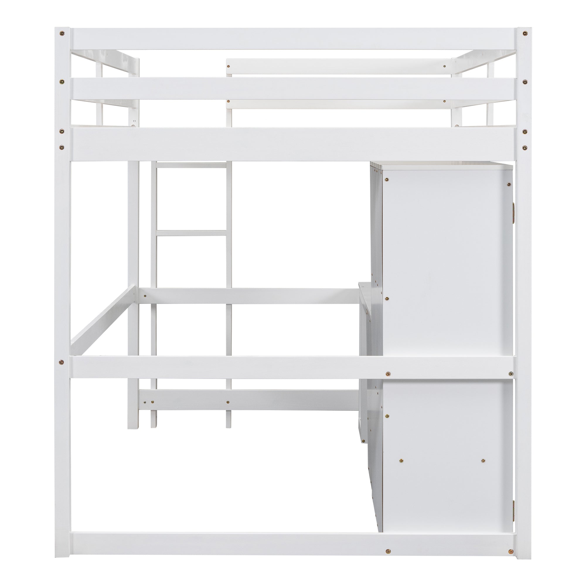 Full Size Loft Bed with Wardrobe, Desk and Storage Drawers, White