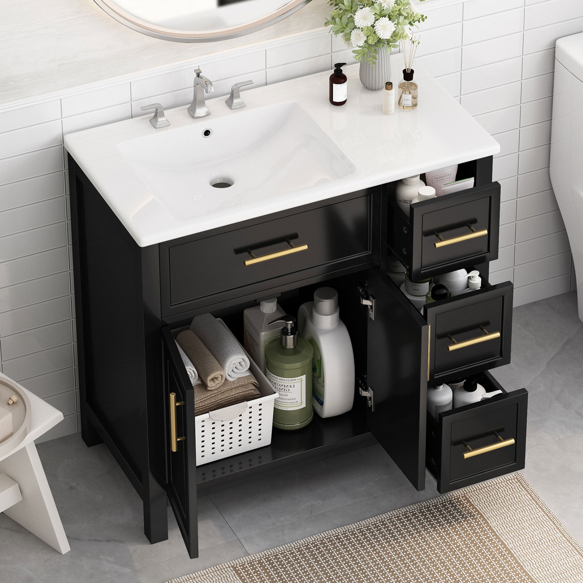 36" Bathroom Vanity with Sink Top, Bathroom Vanity Cabinet with Two Doors and Three Drawers, Solid Wood , MDF Boards ,One Package, Black