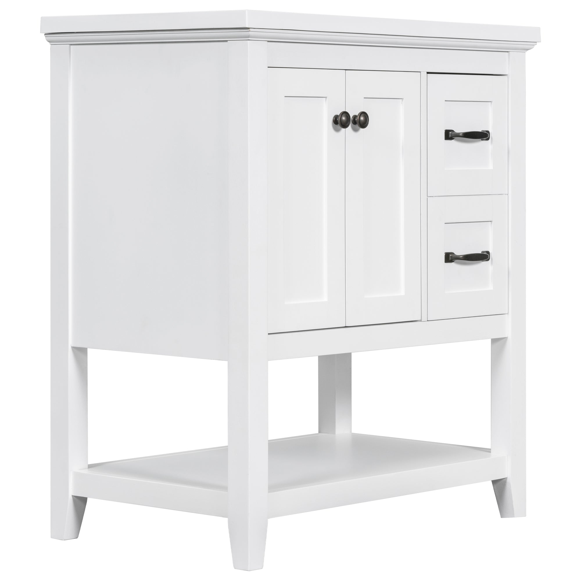 30" Bathroom Vanity with Ceramic Sink Top, Vanity Cabinet with Multi-Functional Drawer, Solid Wood Legs, White