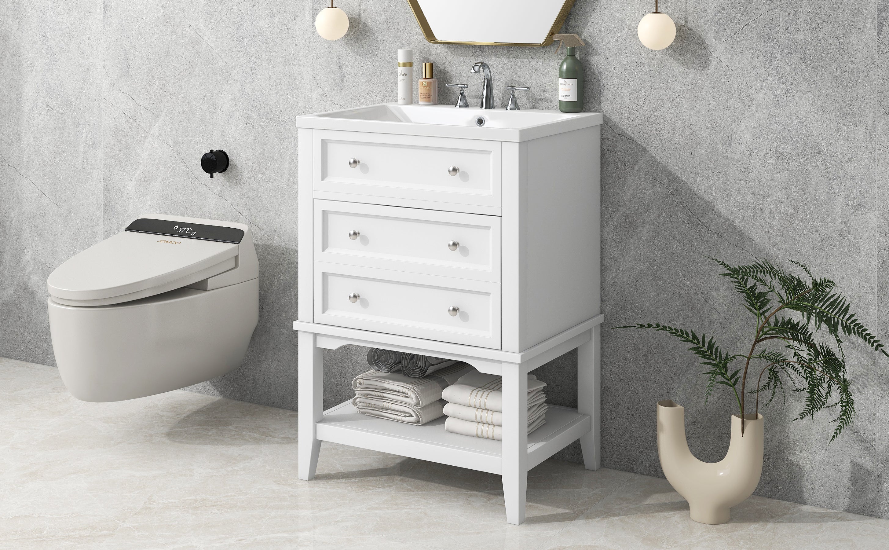 24" Bathroom Vanity With Sink, Bathroom Storage Cabinet with Drawer and Open Shelf, Solid Wood Frame, White