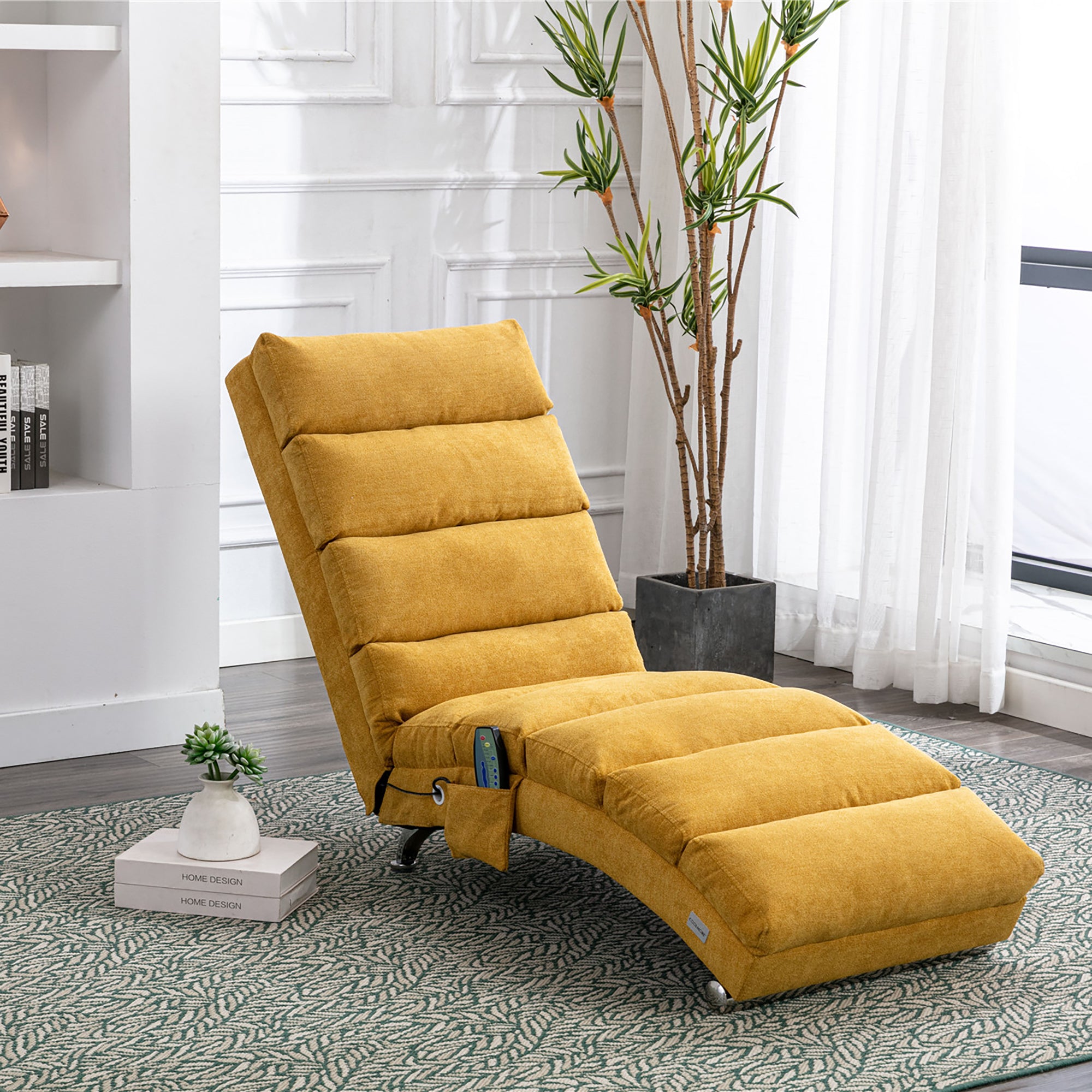 Modern upholstered lounge chair with vibration, angled view