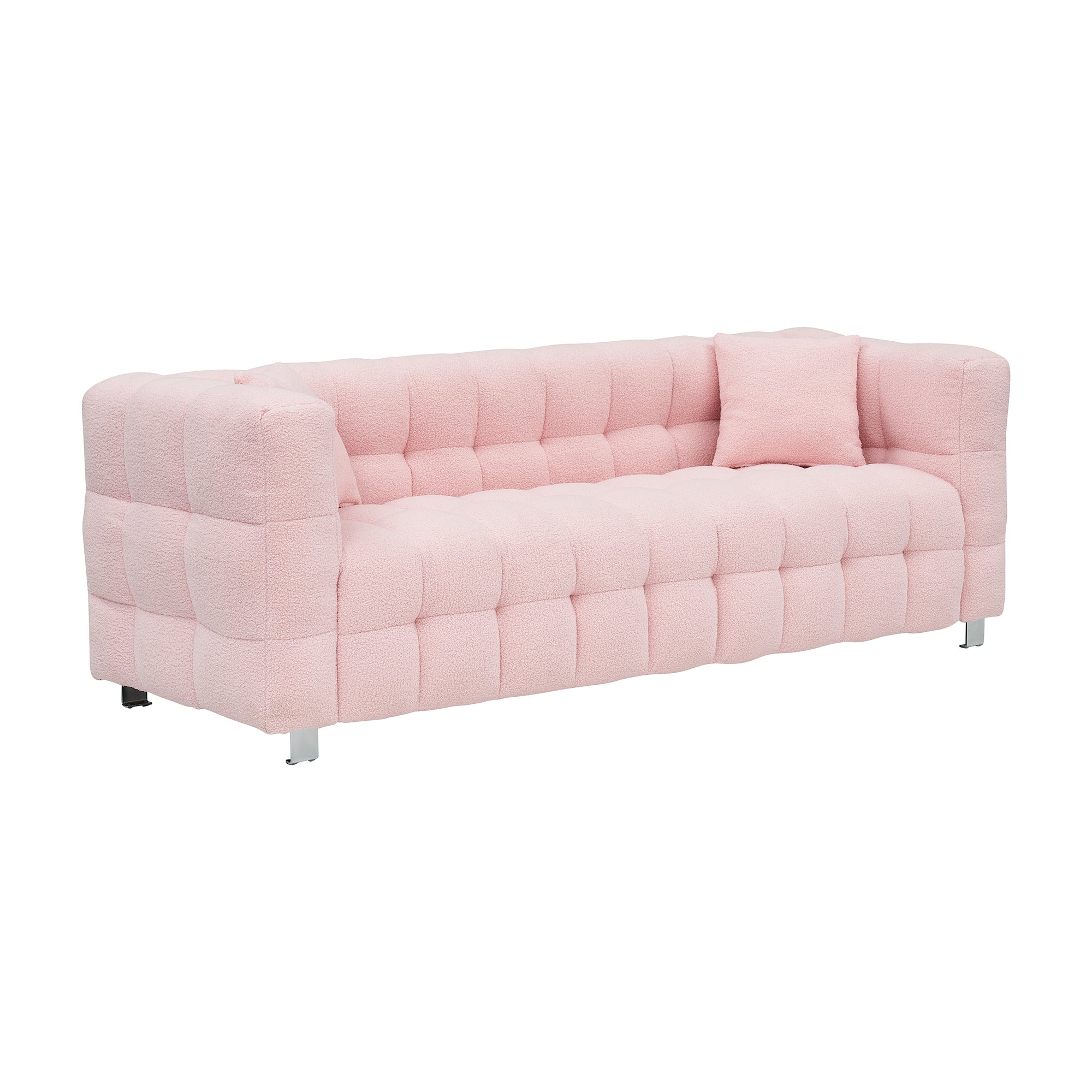 Stylish Addition: Pink Teddy Fleece Sofa - 80 Inch, Perfect for Living Room or Bedroom, Complete with Two Throw Pillows and Sturdy Hardware Foot Support