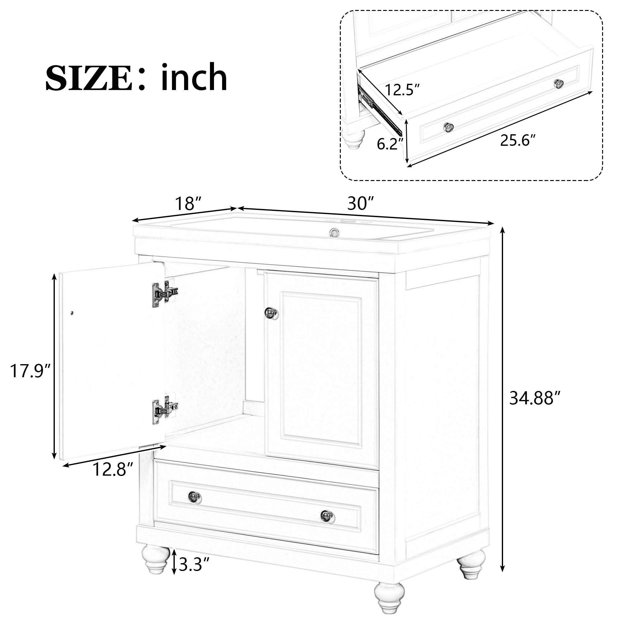 30" Bathroom Vanity with Sink, Combo, Cabinet with Doors and Drawer, Solid Frame and MDF Board, White