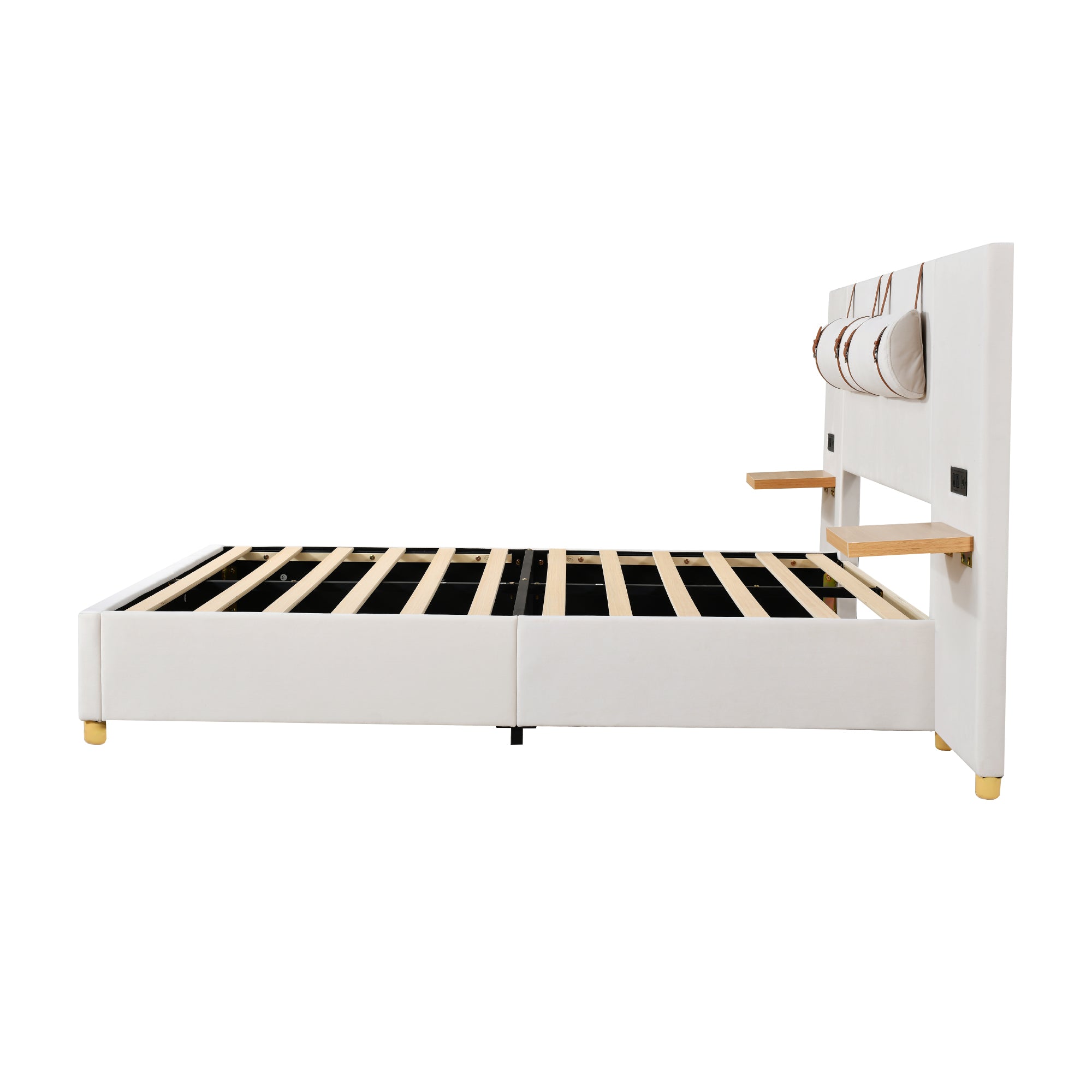 Full Size Upholstered Platform Bed, Two Outlets and USB Charging Ports on Both Sides, Two Bedside Pillows, Storage Shelves,Velvet,Beige