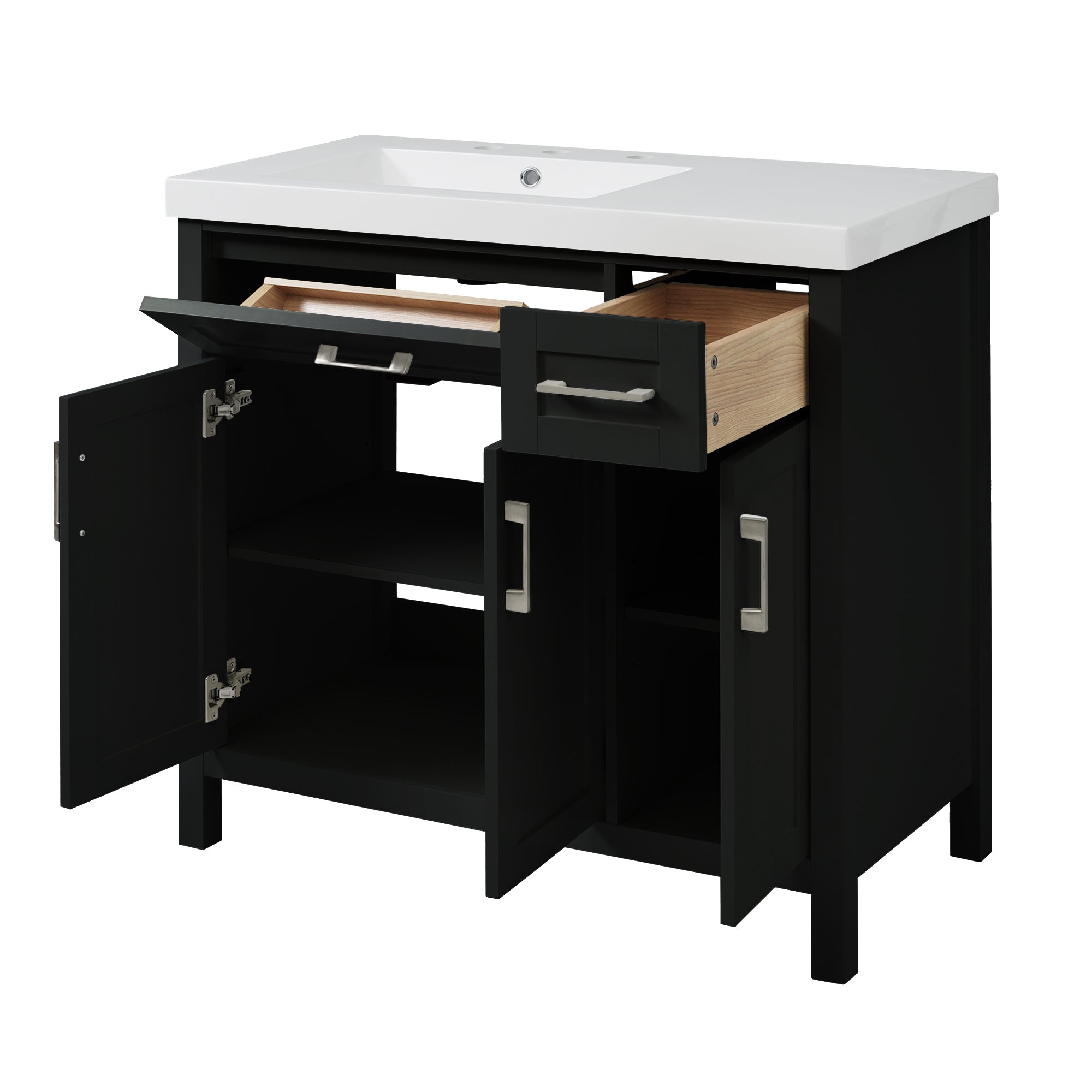 36" Black Bathroom Vanity Cabinet with Resin Integrated Sink - 2 Drawers, 3 Doors