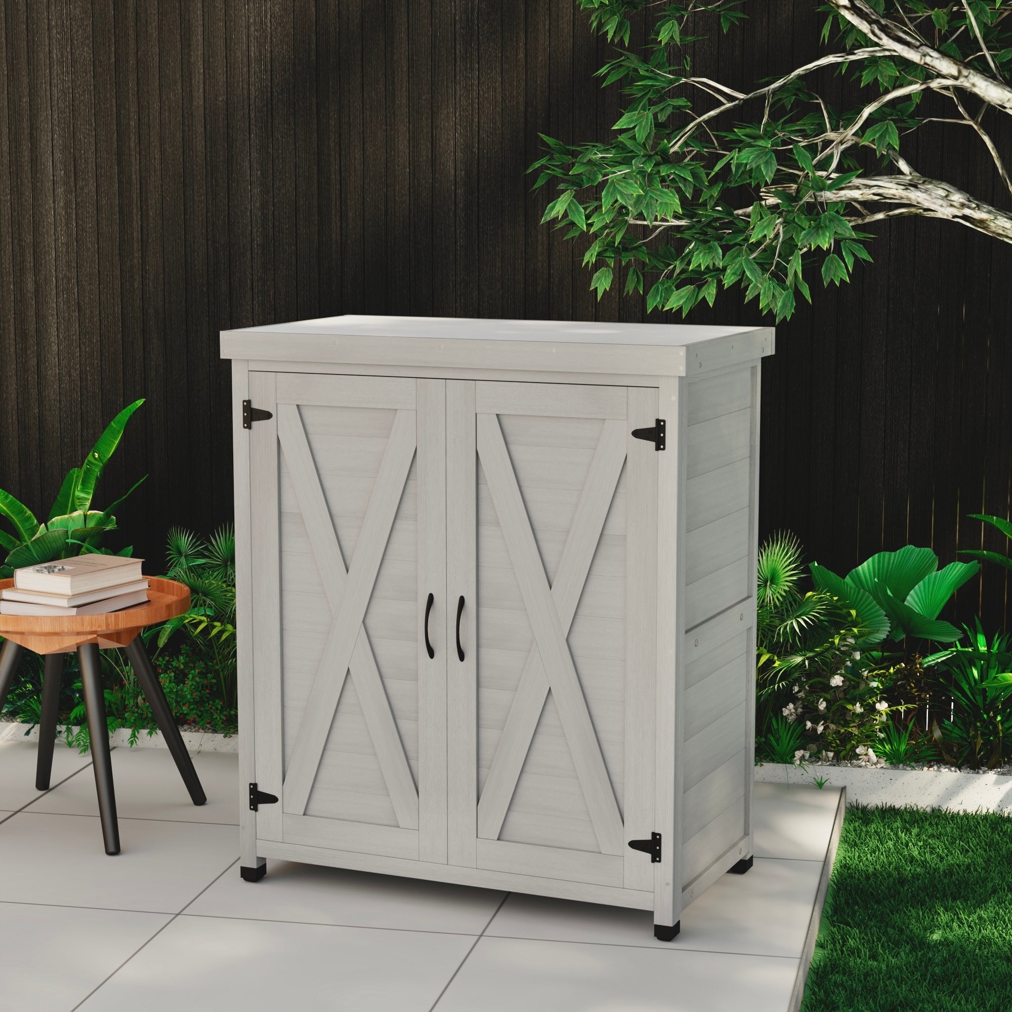 Potting Bench with Storage Cabinet and Metal Table Top for Outdoor Patio,Outdoor Work Station Table