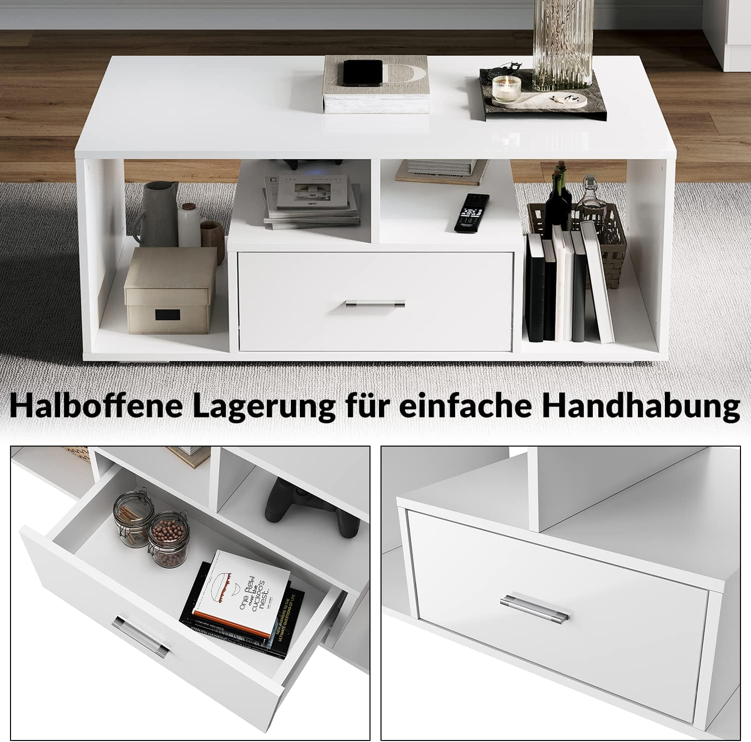 DFW Coffee Table with Storage Compartment Drawers and LED Adjustable Lights Available in 16 Colours Sofa Table Side Table White