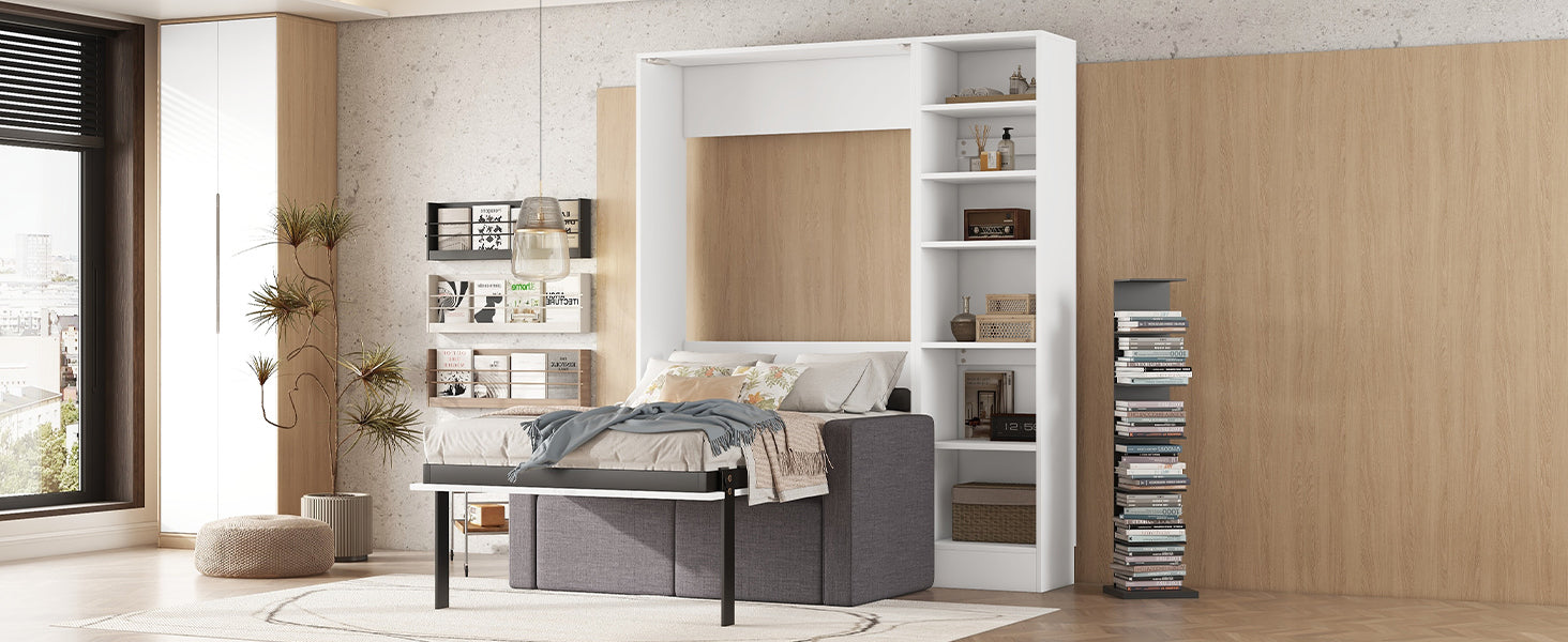 Twin Size Murphy Bed Wall Bed with Sofa,with Shelves,White