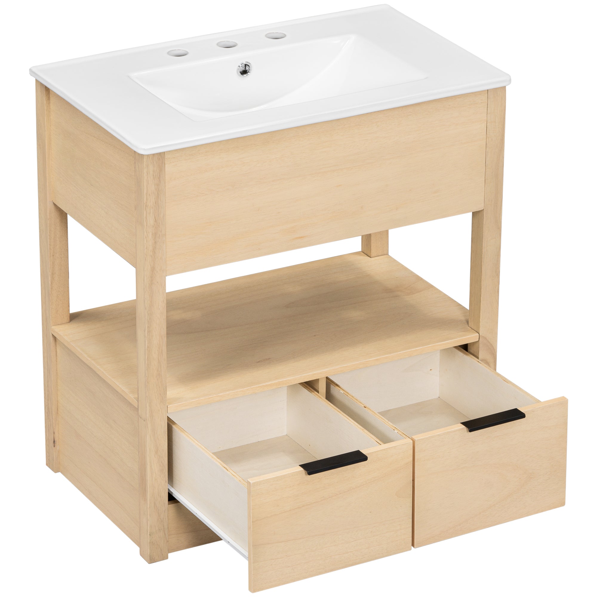 30" Bathroom Vanity with Sink Top, Bathroom Cabinet with Open Storage Shelf and Two Drawers, One Package, Natural (Old Sku:WF311619AAD)