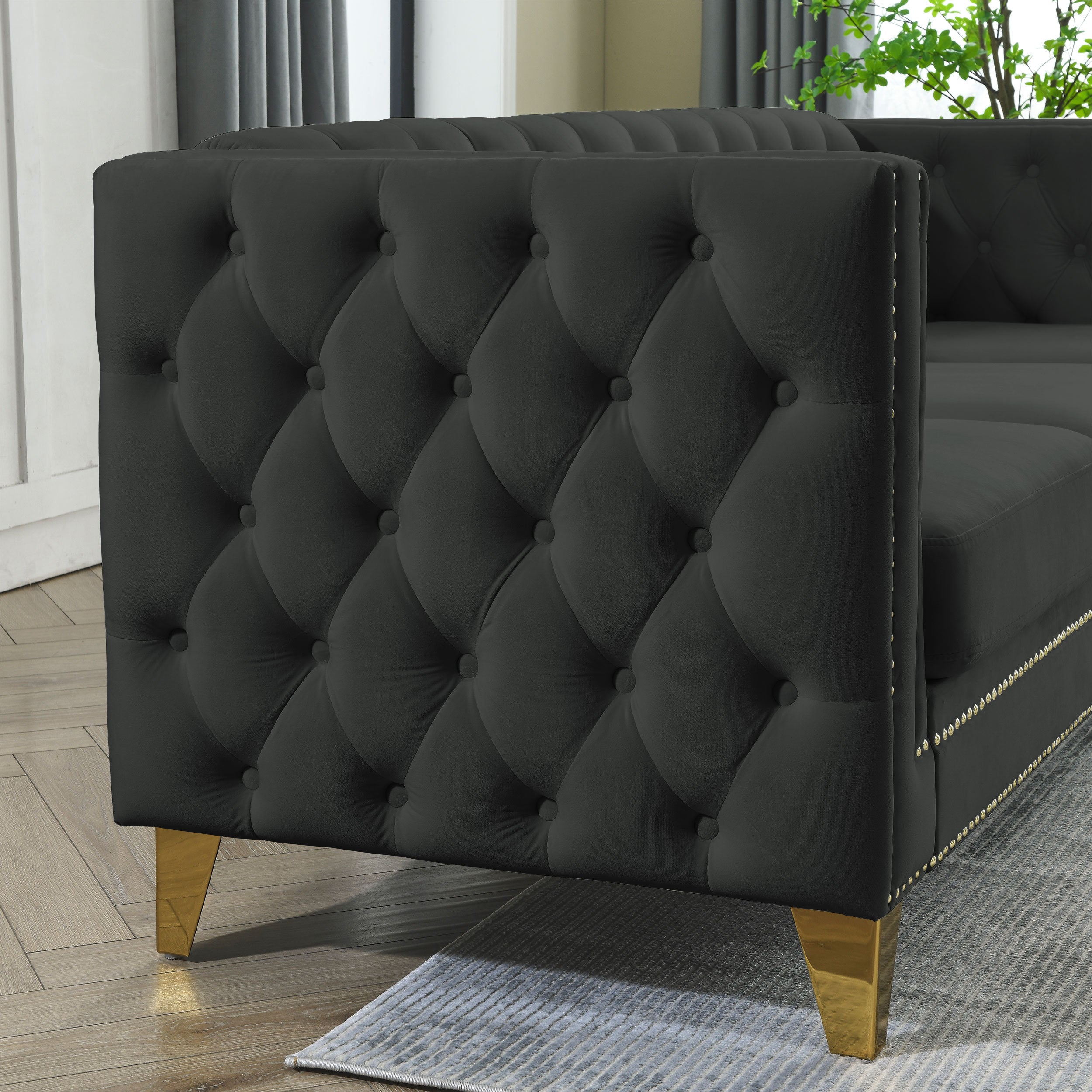 {Contact us for 3D modeling} Velvet Sofa for Living Room,Buttons Tufted Square Arm Couch, Modern Couch Upholstered Button and Metal Legs, Sofa Couch for Bedroom, Black Velvet-2S(W834S00053)