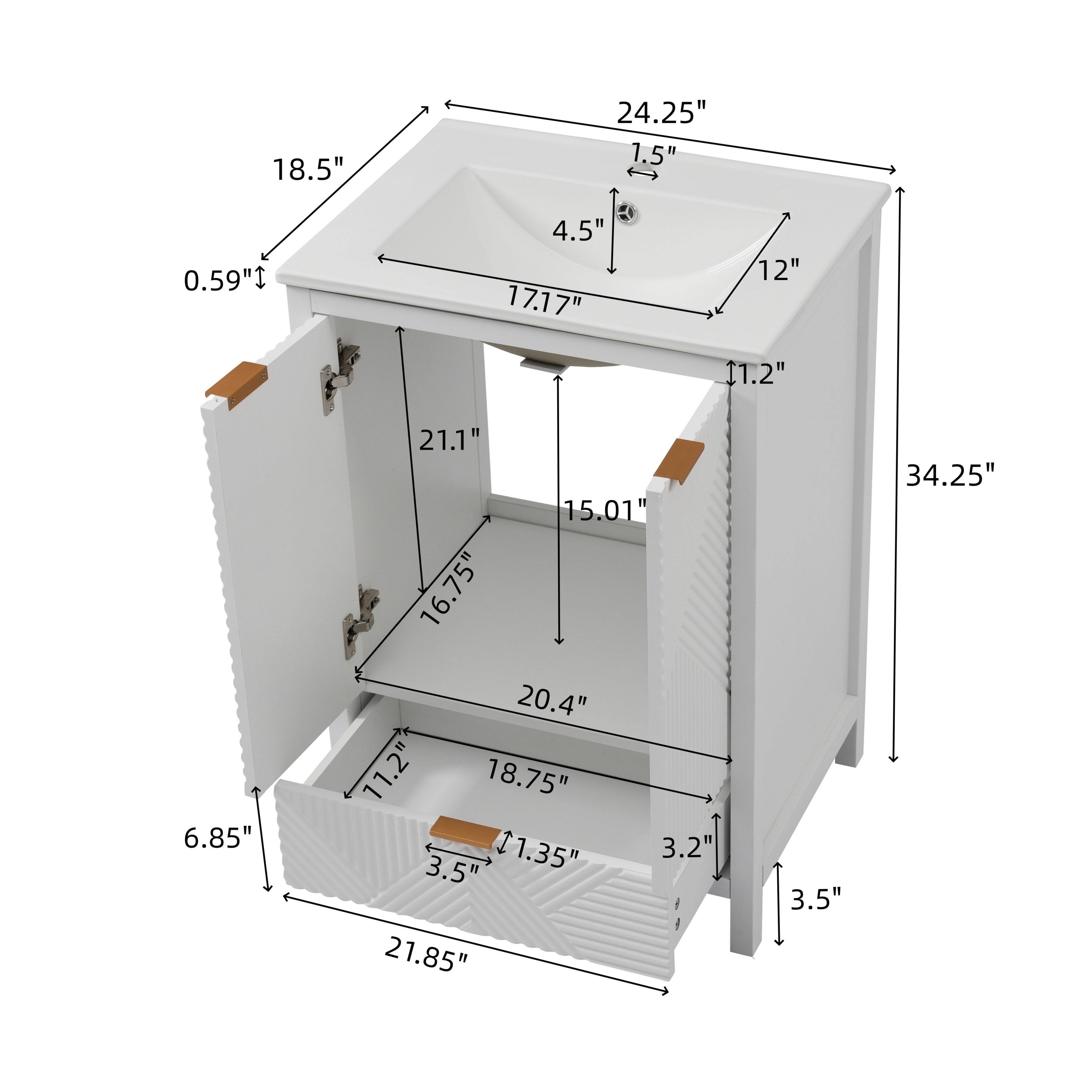 Modern white bathroom vanity with sink combo, drawer detail close-up