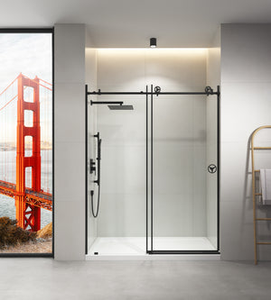Frameless sliding shower door 60x76 in matte black, front view