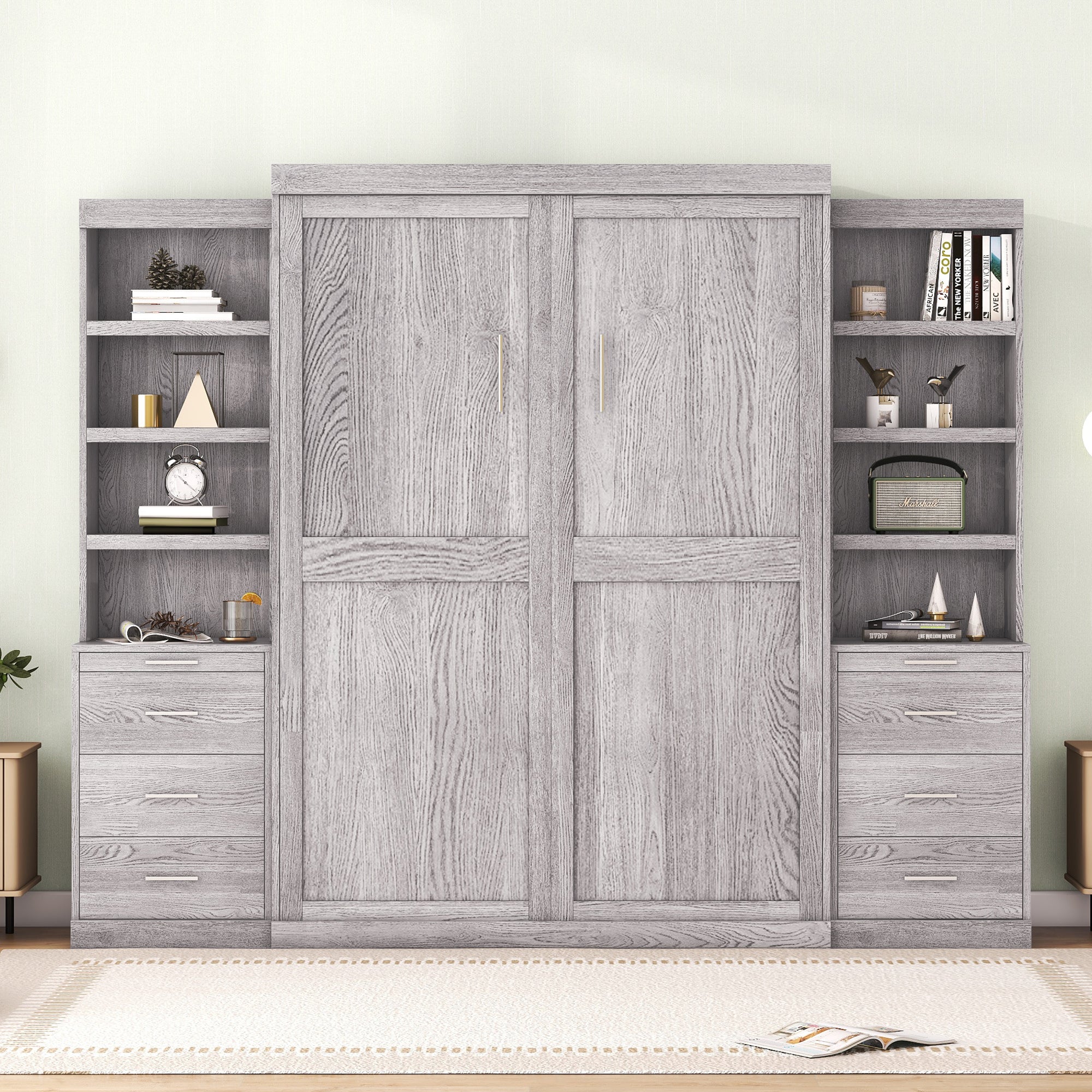 Full Size Murphy Bed with Storage Shelves and Drawers, Gray