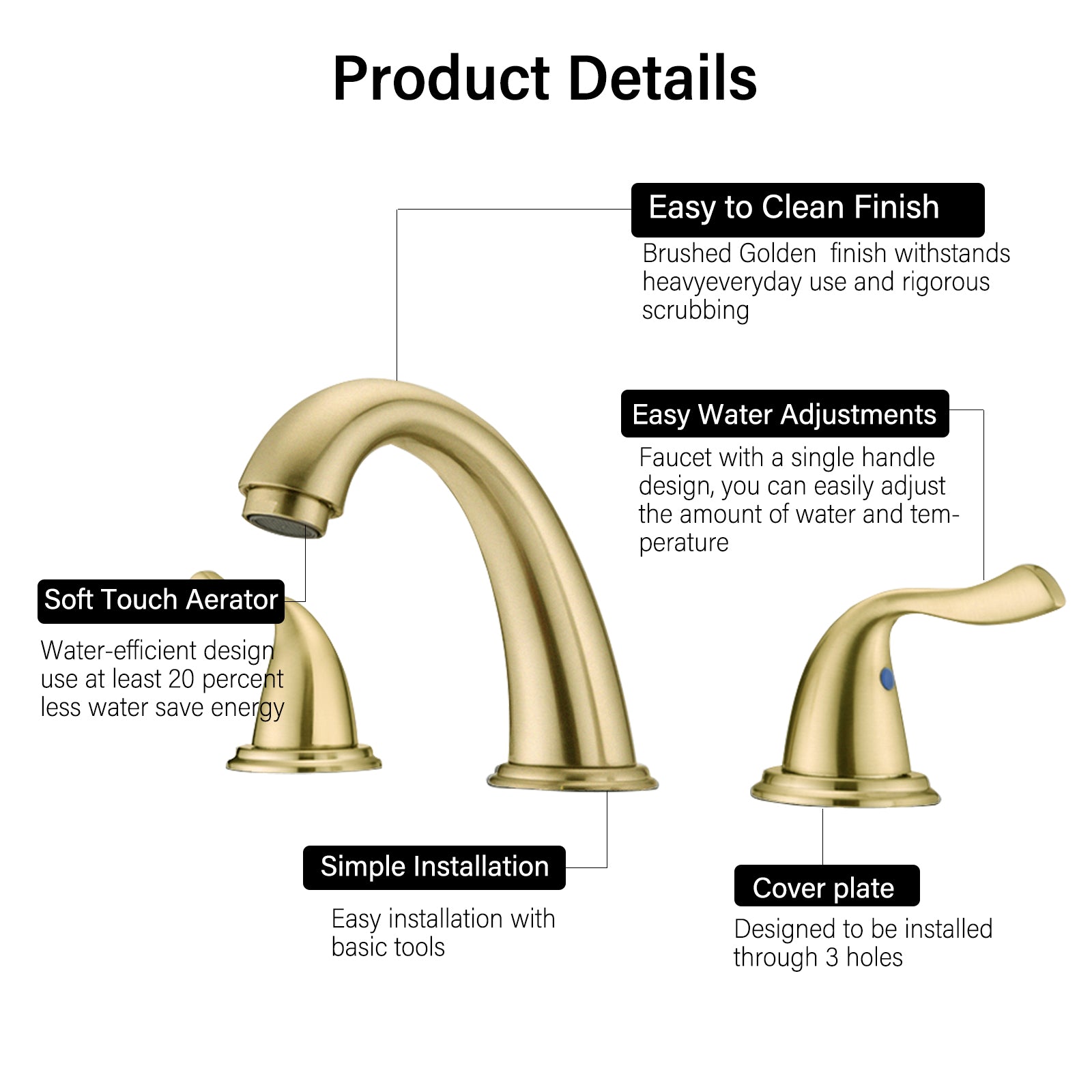 8-Inch 3 Holes 2 Handles Bathroom Sink Faucet, Brushed Golden