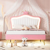 Full Size Upholstered Bed Frame with LED Lights,Modern Upholstered Princess Bed With Crown Headboard,White+Pink