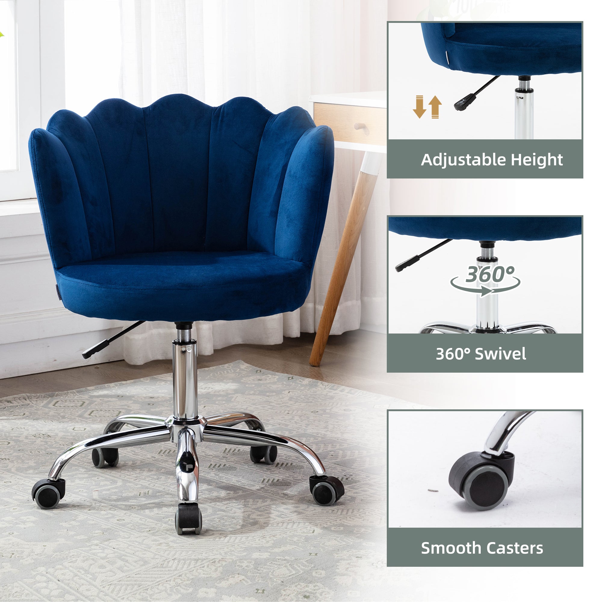 COOLMORE Velvet Home Office Chair with silver Base, Modern Cute Shell Back Upholstered Desk Chair for Vanity, Adjustable Swivel Task Chair for Office(Navy Velvet)