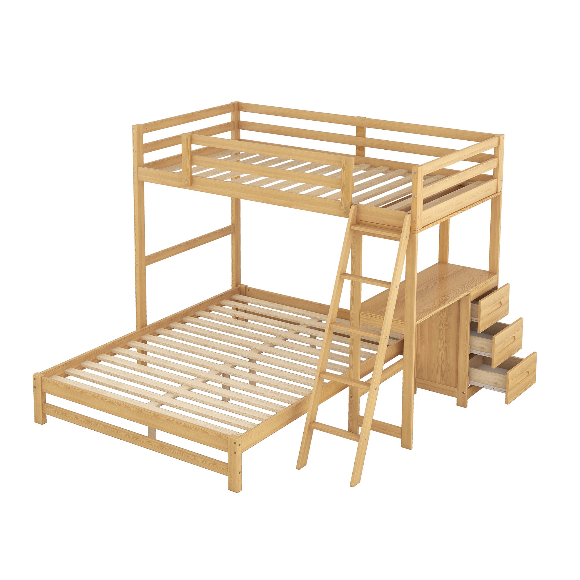 Twin over Full Bunk Bed with Built-in Desk and Three Drawers,Natural(old sku: SM000709AAD)