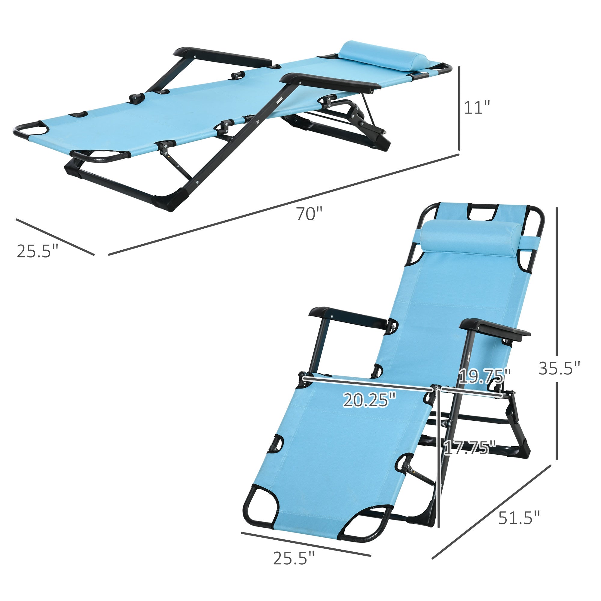 Outsunny Folding Chaise Lounge Chair for Outside, 2-in-1 Tanning Chair with Pillow & Pocket, Adjustable Pool Chair for Beach, Patio, Lawn, Deck, Blue