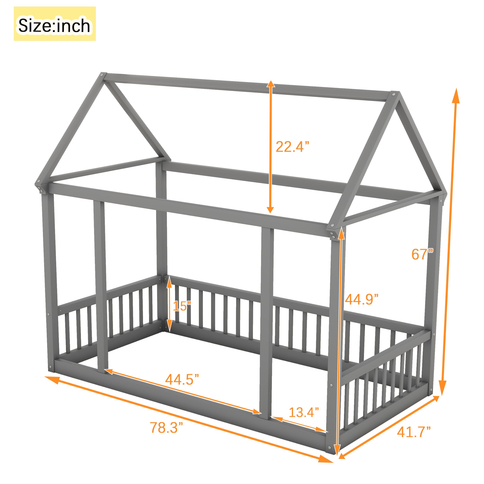 Twin Size Floor Wooden Bed with House Roof Frame and Safety Guardrails ,Gray