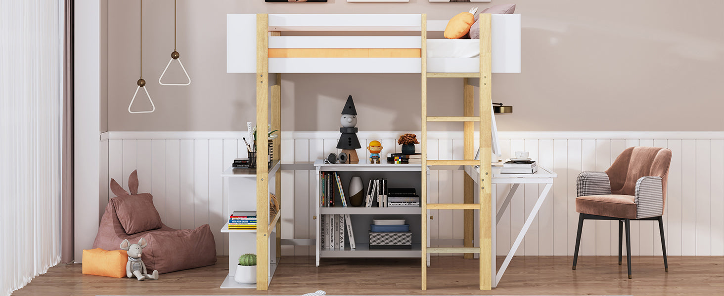 Full Size Wood Loft Bed With Built-in Storage Cabinet and Cubes, Foldable desk, White