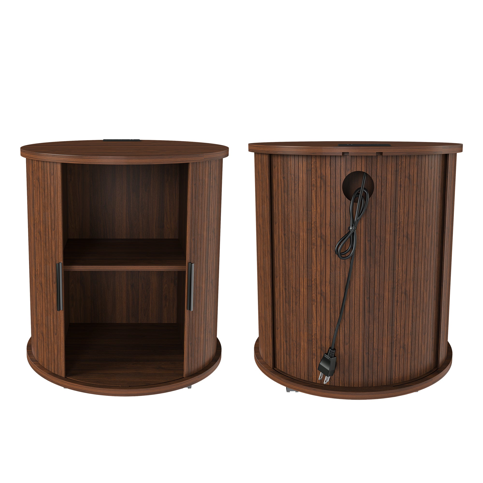 Round walnut nightstand with sliding door, angled view