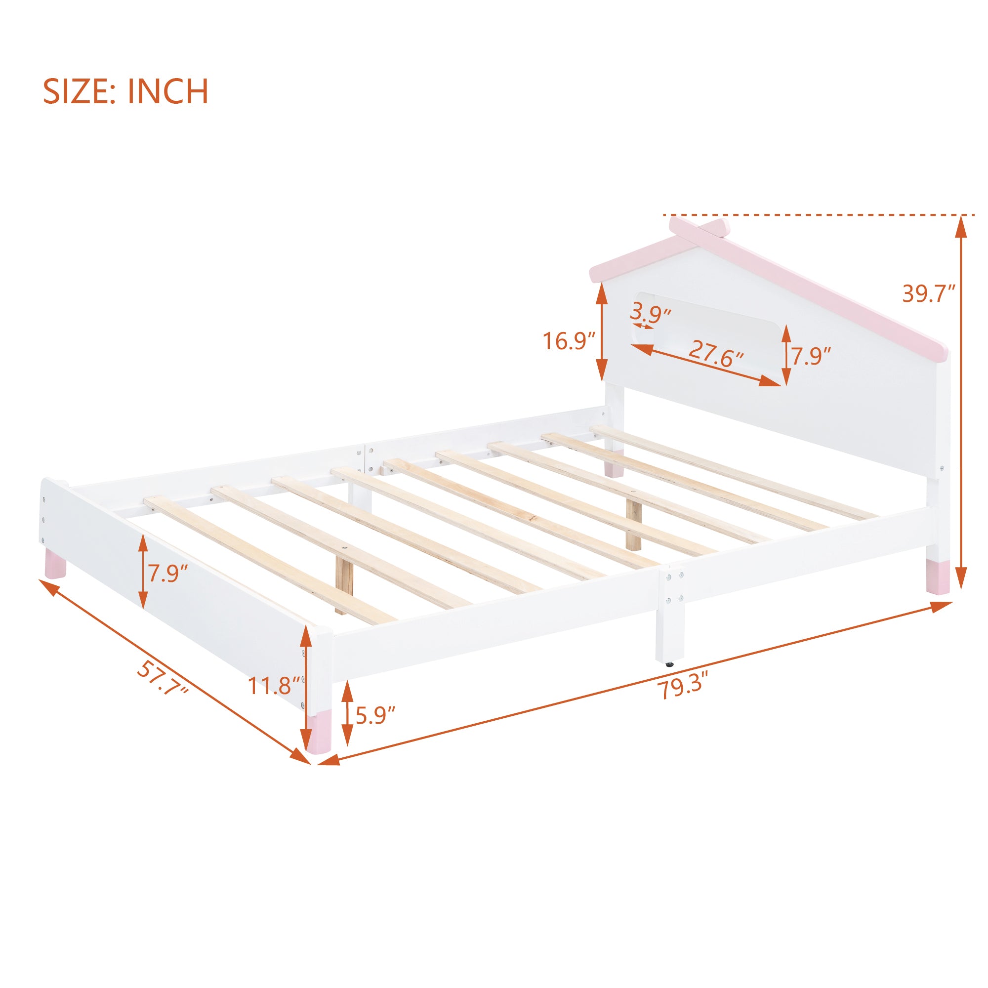 Full Size Wood Platform Bed with House-shaped Headboard and Motion Activated Night Lights (White+Pink)