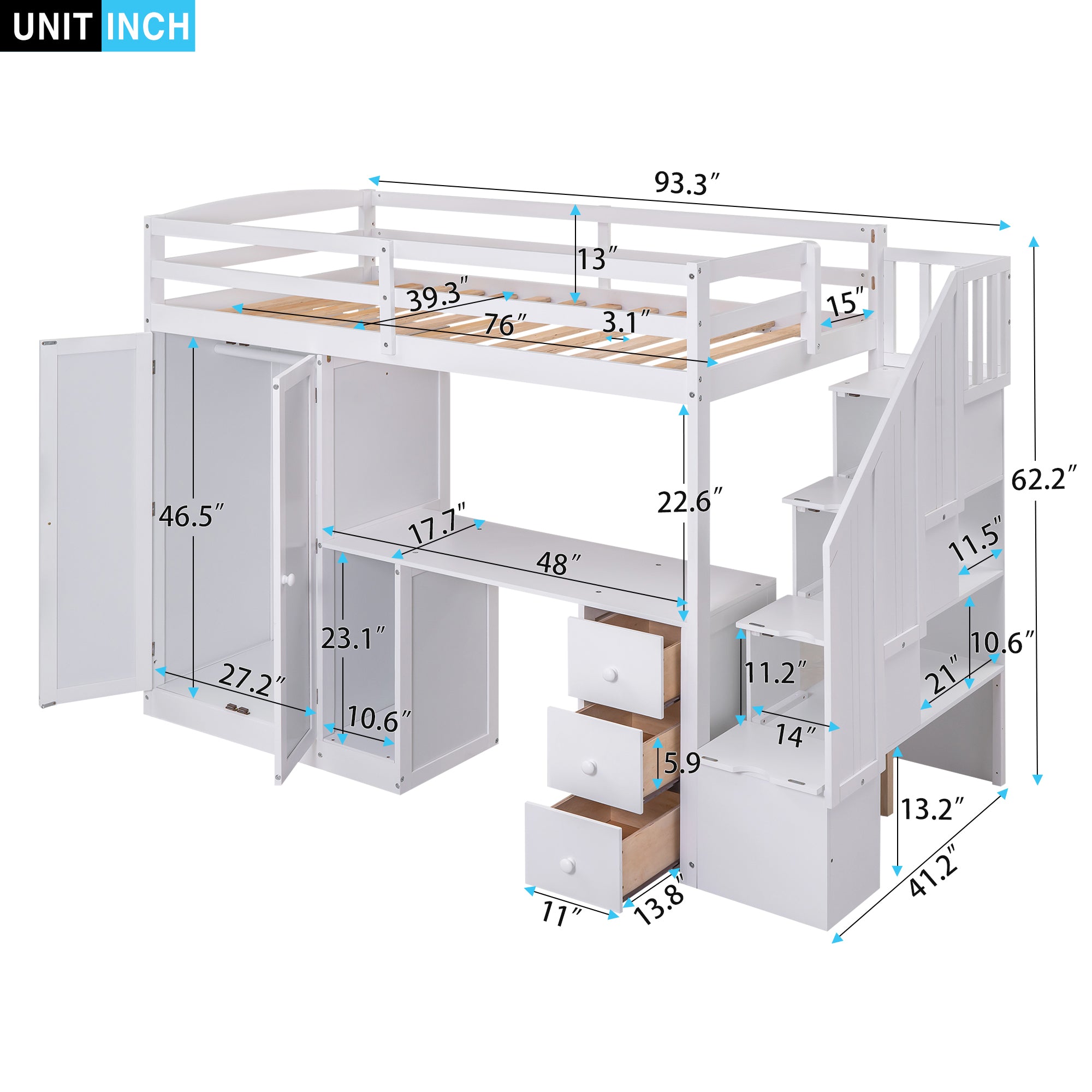 Twin Size Loft Bed with Wardrobe and Staircase, Desk and Storage Drawers and Cabinet in 1, White