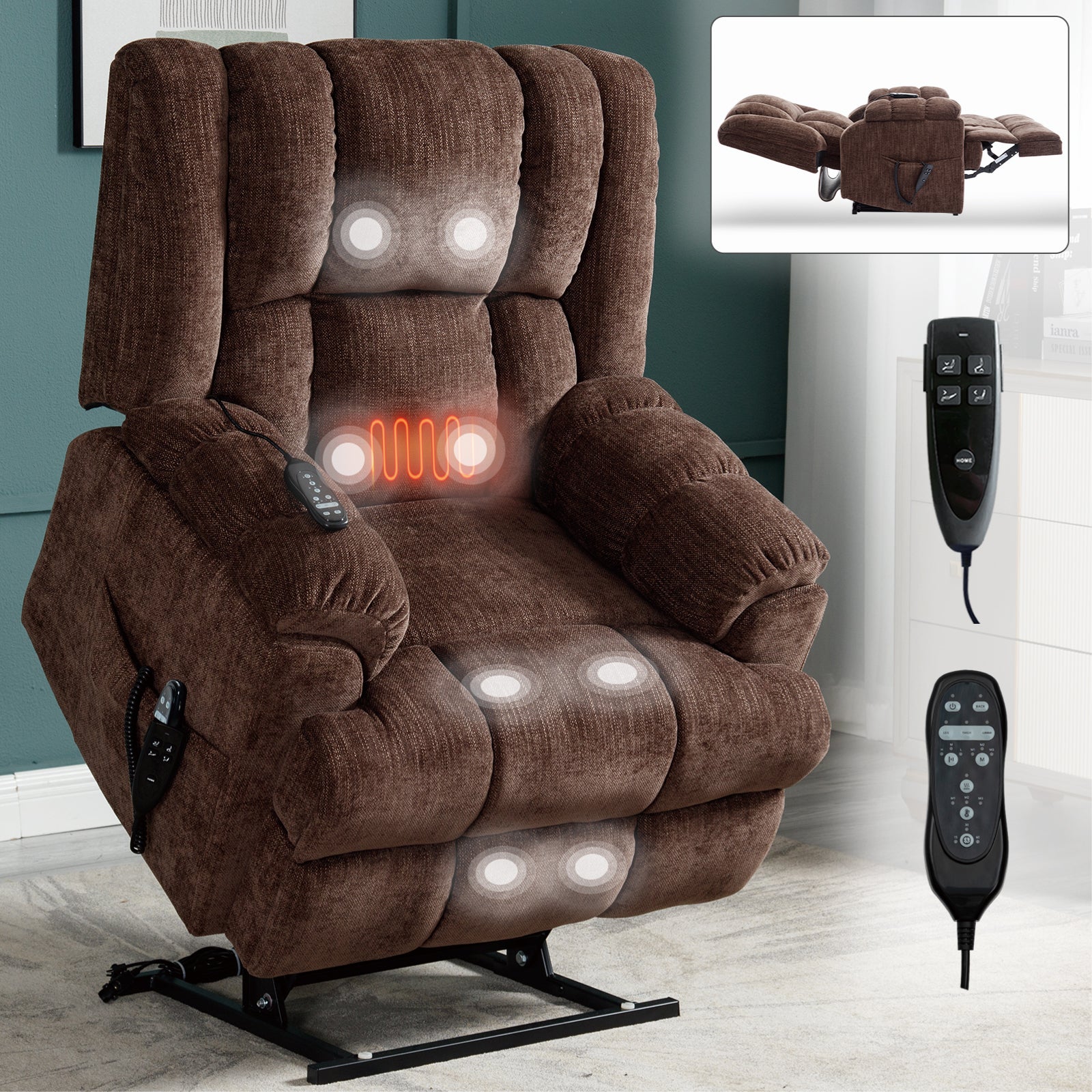 Dual Motor Heat Massage Infinite Position Up to 350 LBS Electric Power Lift Recliners with Power-Remote, Medium-firm and Heavy Duty, Brown