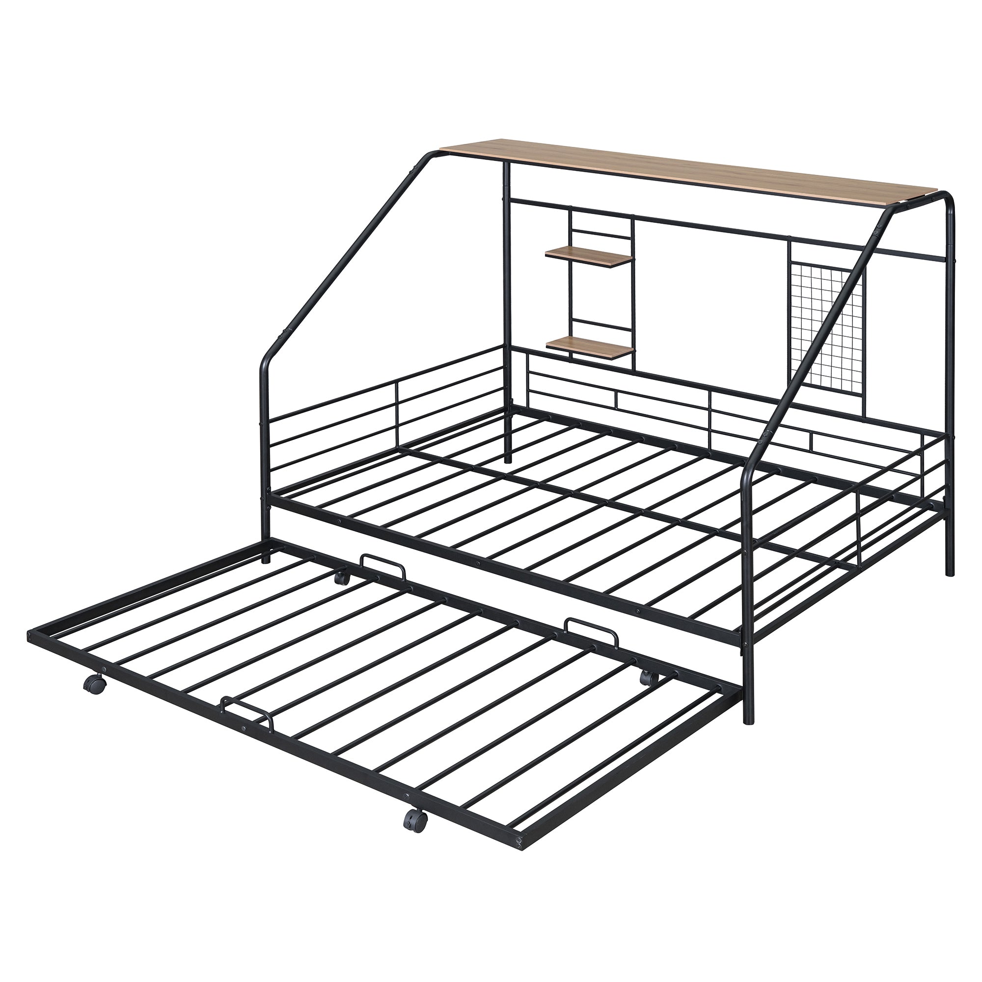 Full Size Metal House Bed with Trundle, Black