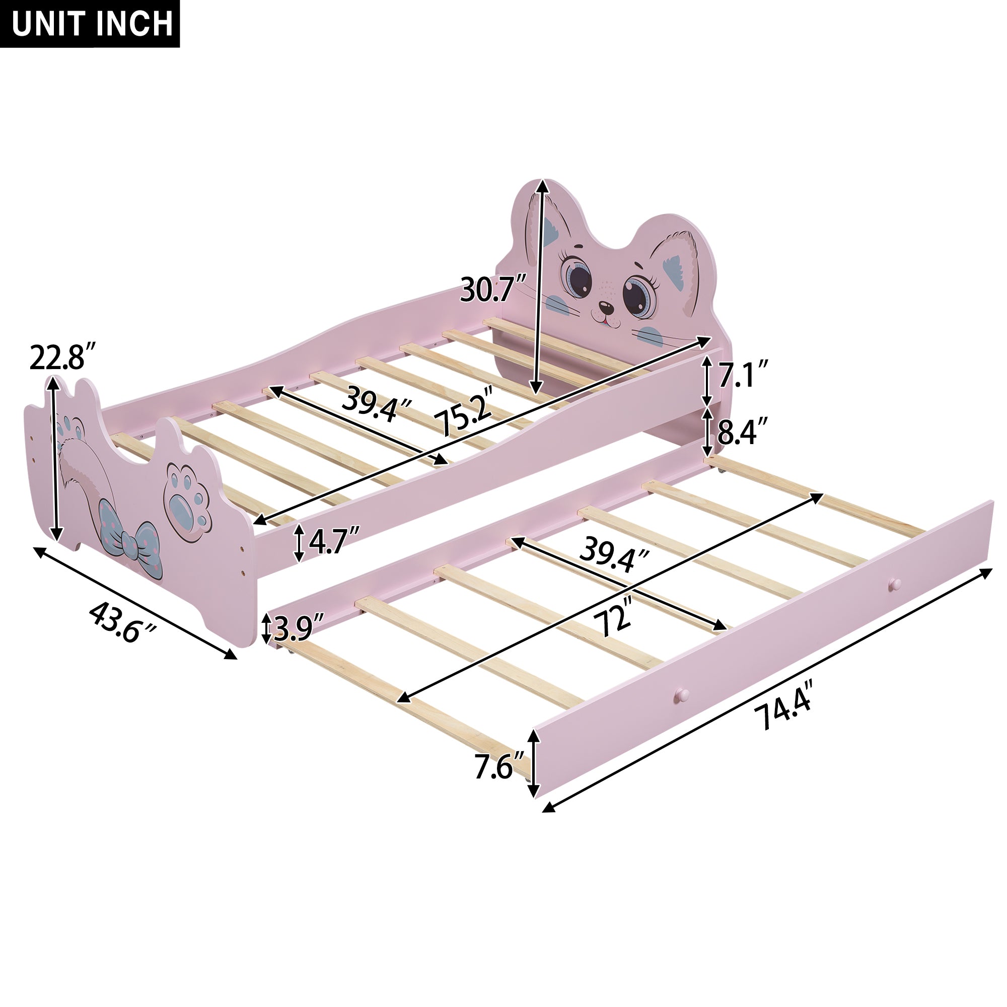 Cartoon Twin Size Platform Bed with Trundle, Pink