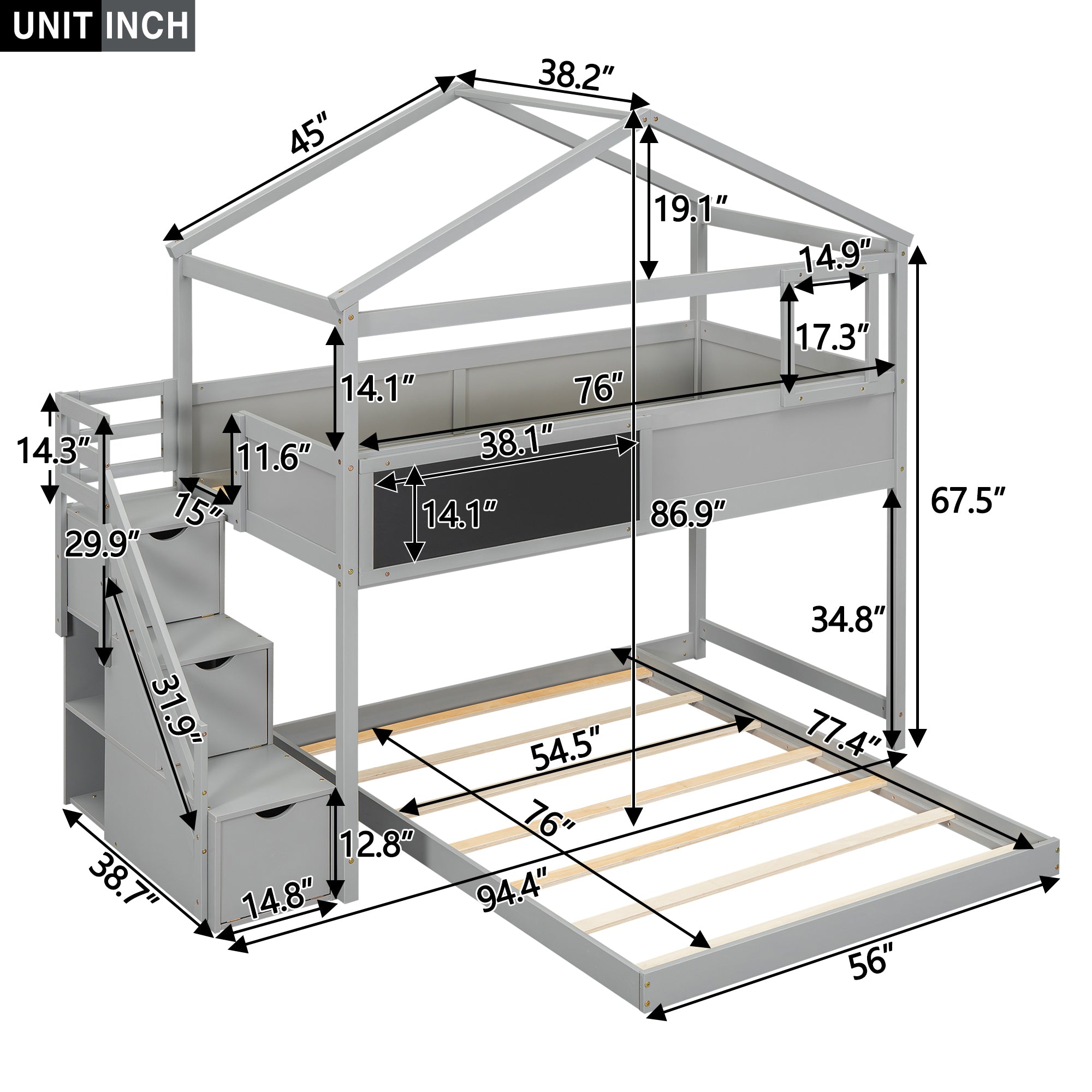 Twin over Full House Bunk Bed with Storage Staircase and Blackboard,Gray(Old SKU: GX001701AAE)