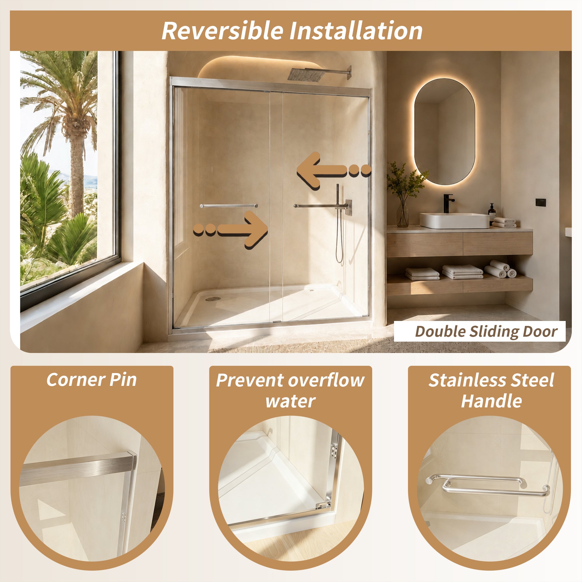 Sliding shower door 56-60 in brushed nickel tempered glass view