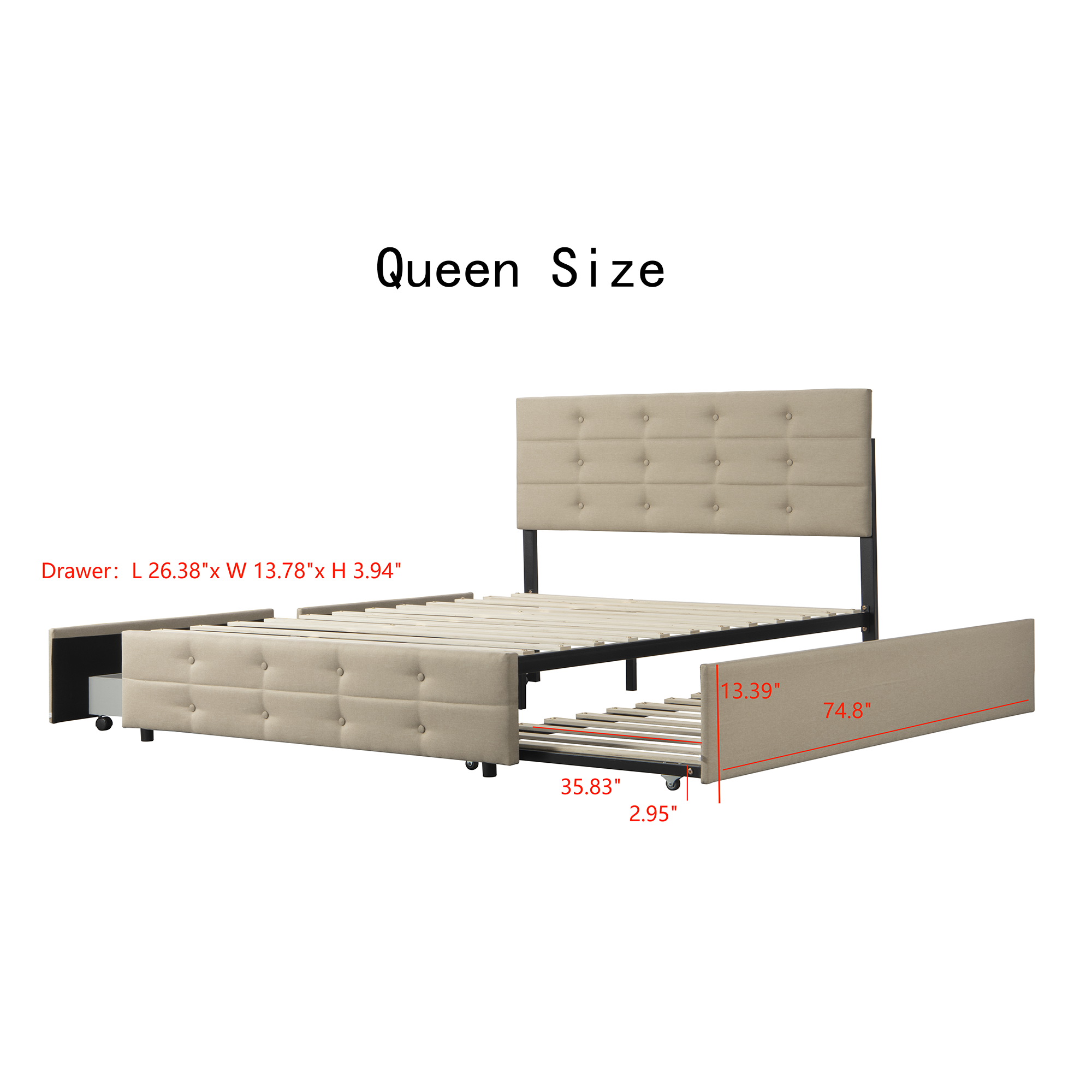 Queen Size Upholstered Platform Bed with Twin Trundle and 2 Storage Drawers Underneath, Linen Fabric with Wood Slat, for Bedroom,Light Beige