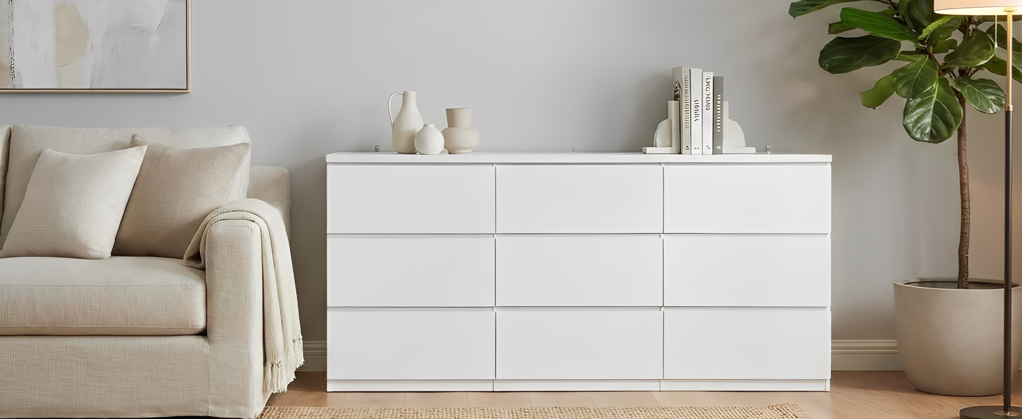 Modern white wood dresser, 9 drawers open detail view