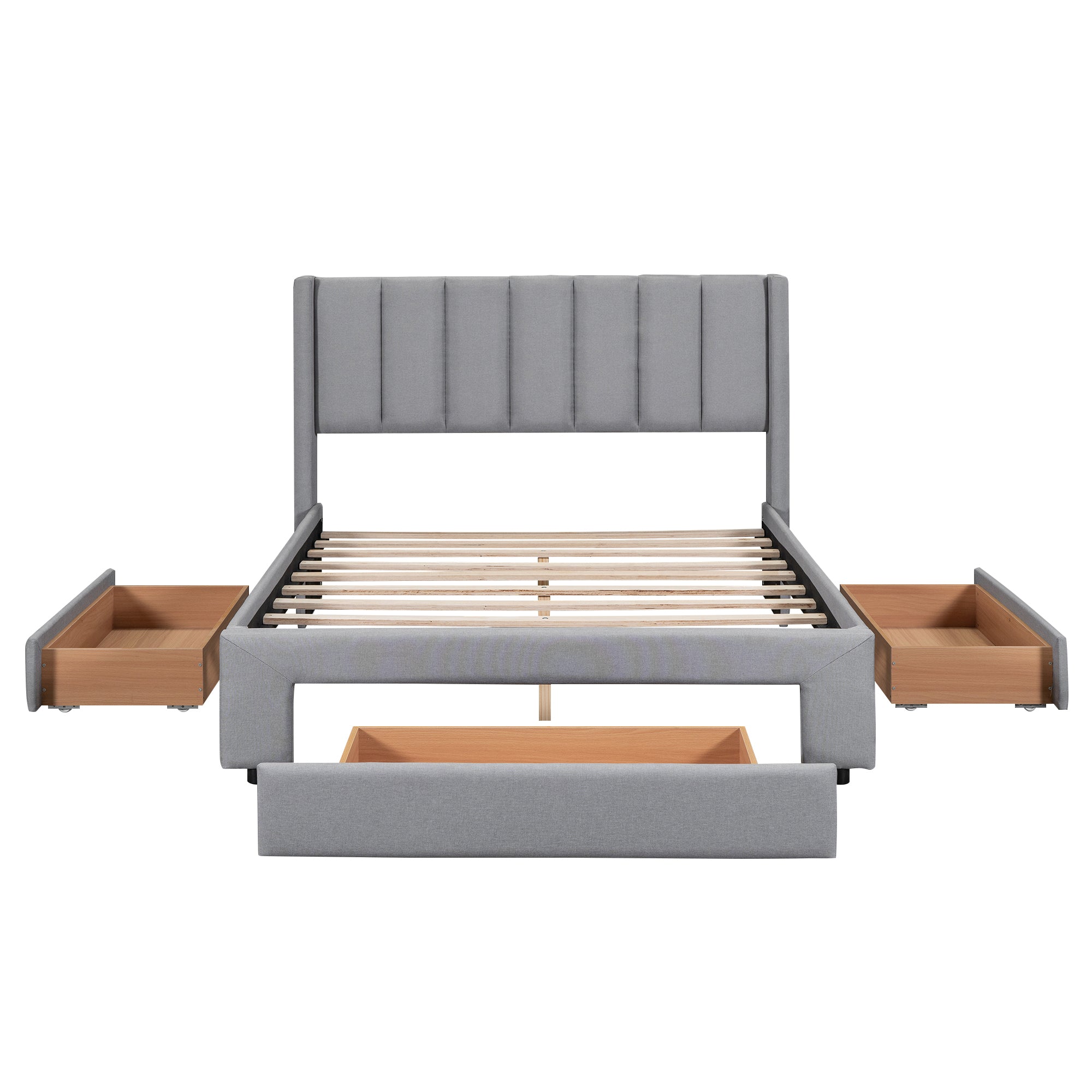 Queen Size Upholstered Platform Bed with One Large Drawer in the Footboard and Drawer on Each Side,Gray