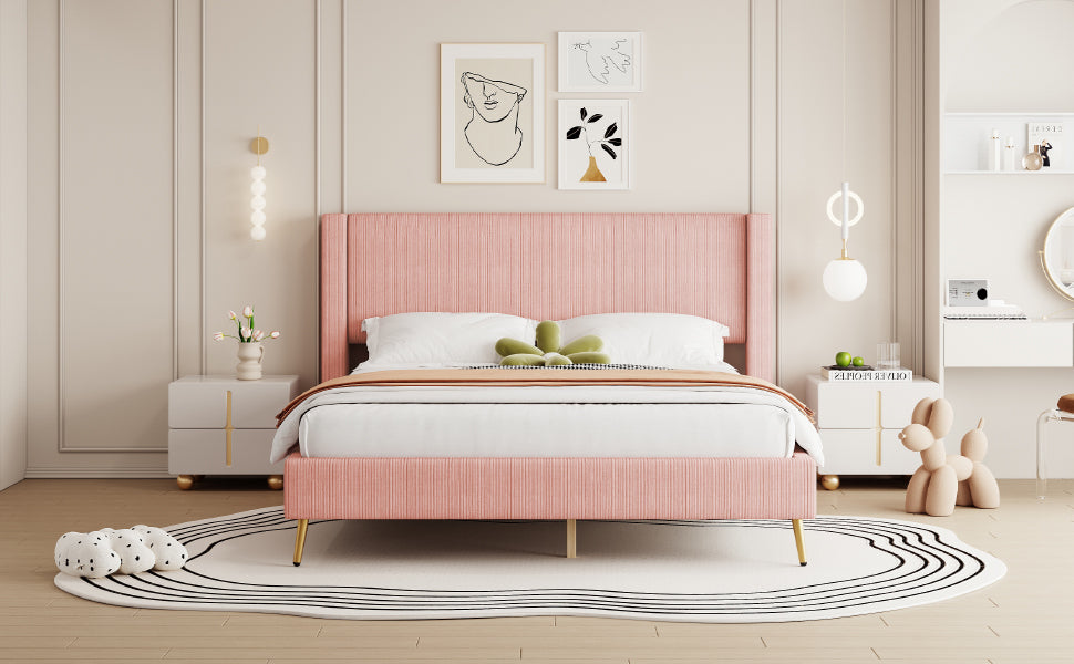 Queen Size Corduroy Platform Bed with Metal Legs, Pink(old sku:WF300238AAH)