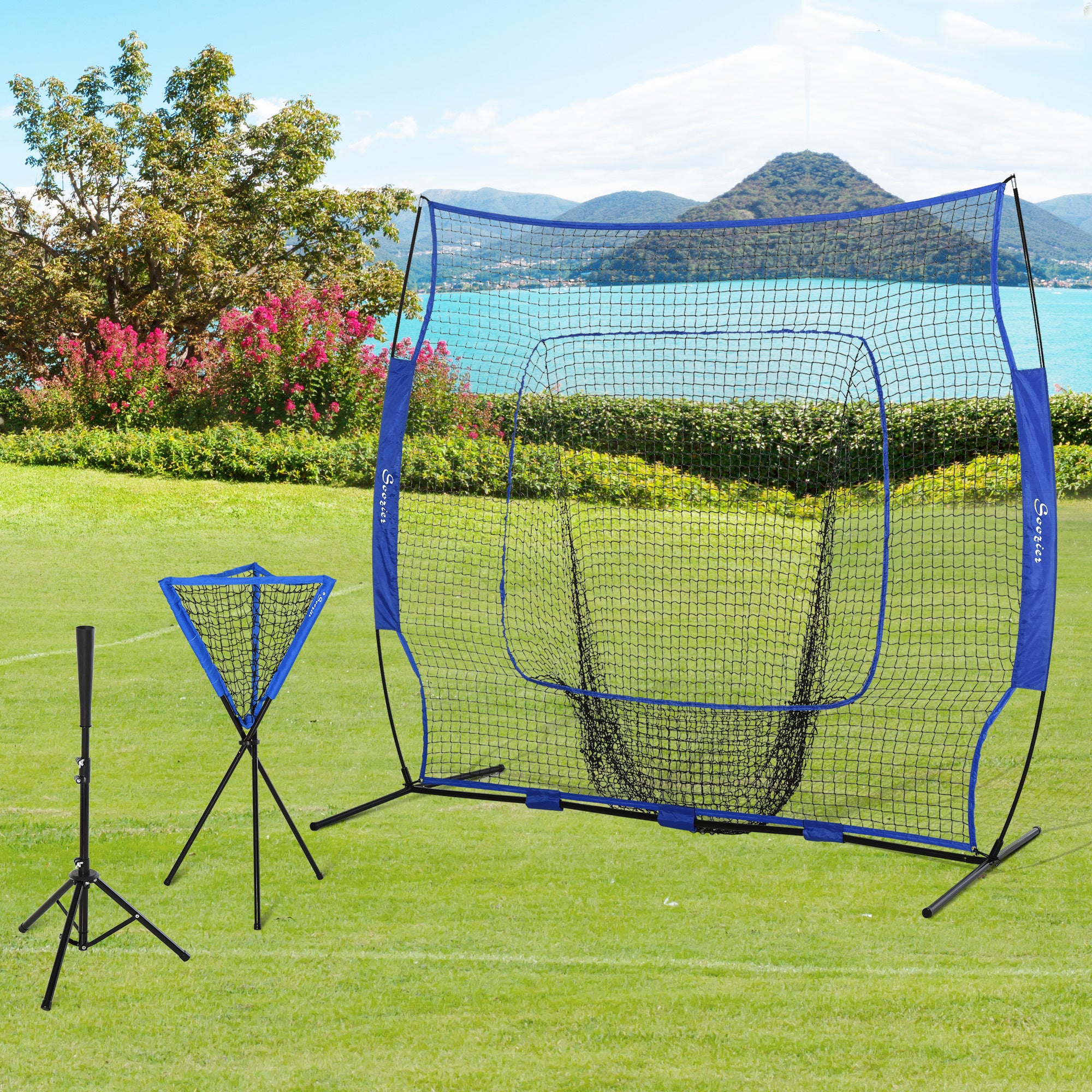 Soozier Baseball Practice Net Set with 7.5x7ft Catcher Net, Ball Caddy, Portable Baseball Practice Equipment with for Hitting, Pitching, Batting, Catching, Blue