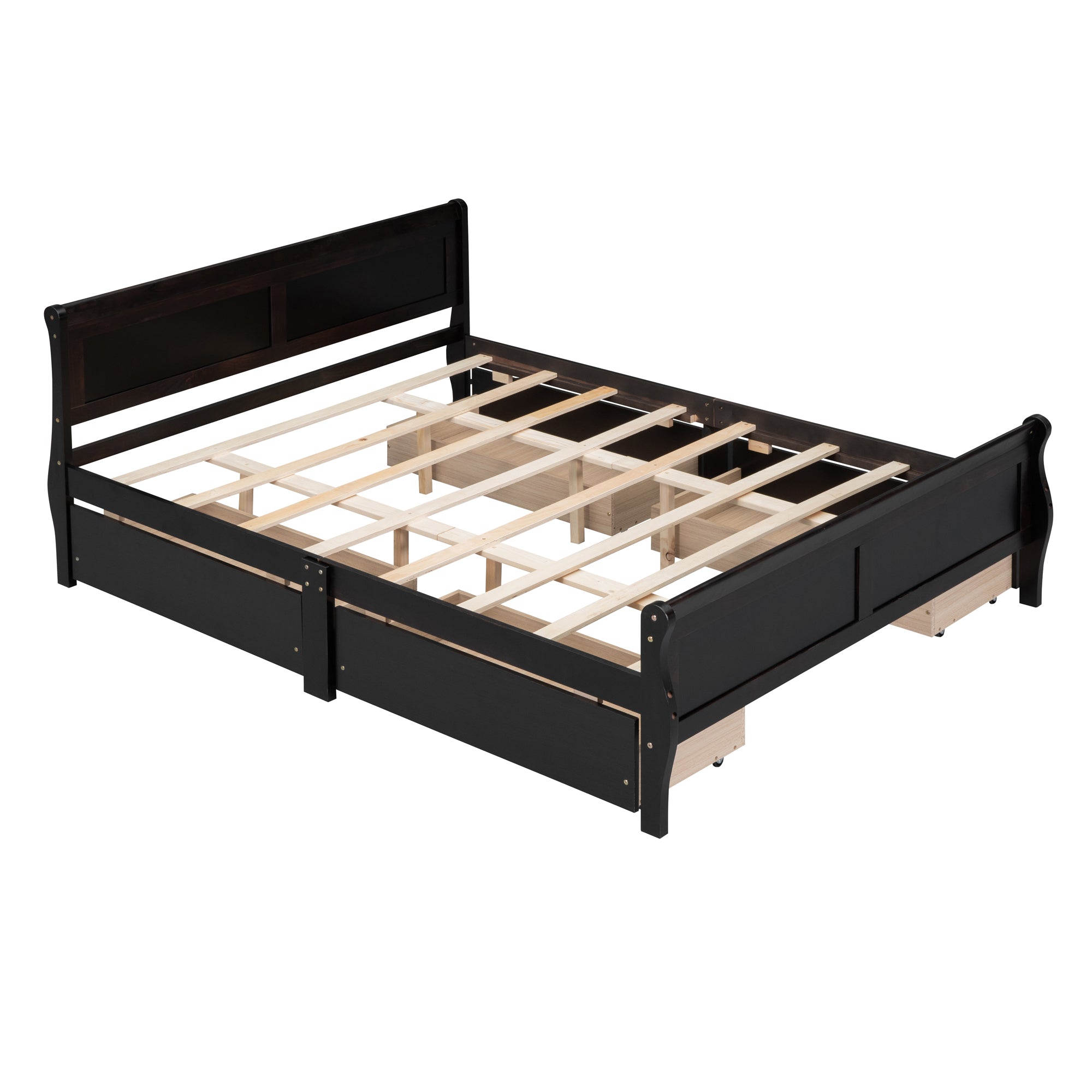 Queen Size Wood Platform Bed with 4 Drawers and Streamlined Headboard & Footboard, Espresso