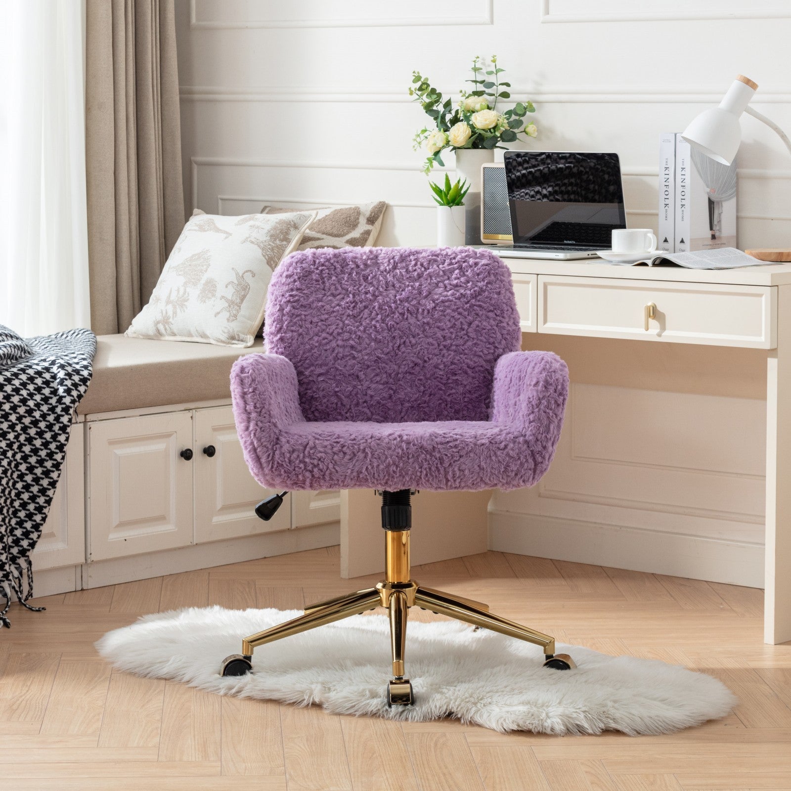 A&A Furniture Office Chair,Artificial rabbit hair Home Office Chair with Golden Metal Base,Adjustable Desk Chair Swivel Office Chair,Vanity Chair(Violet)