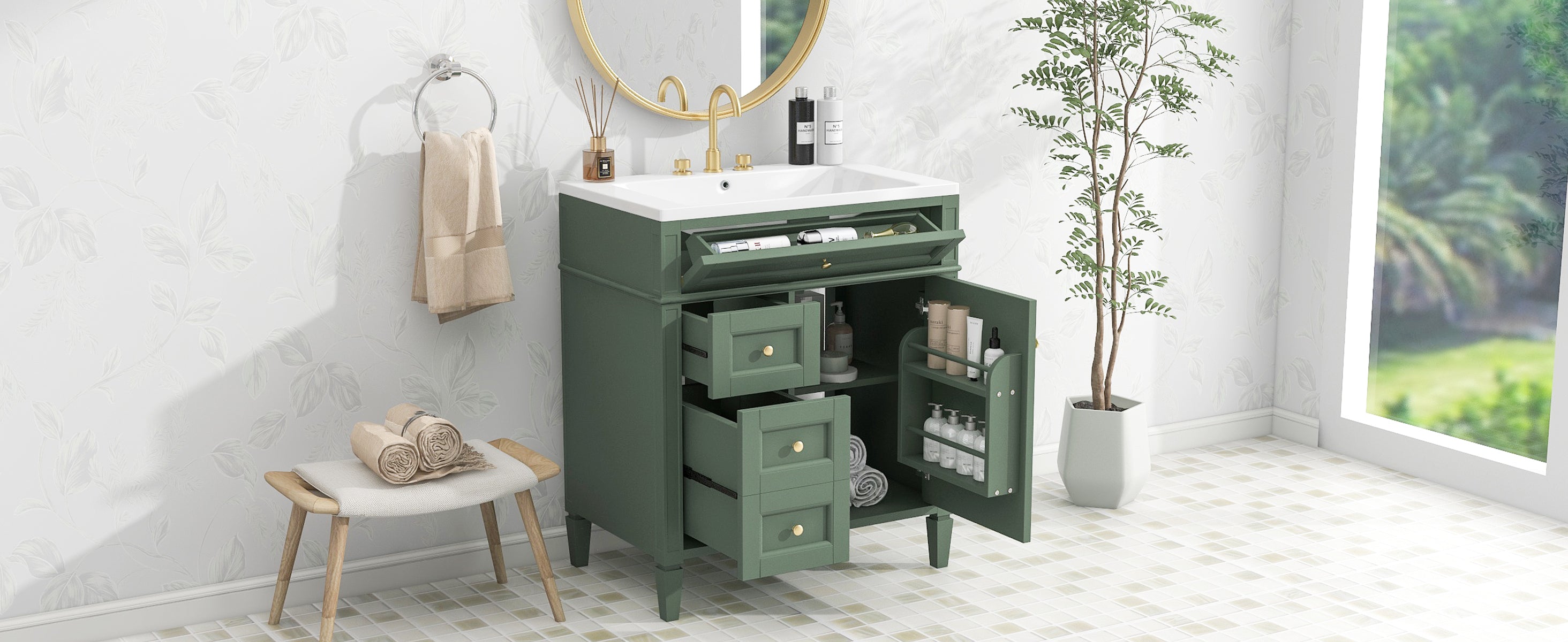 30'' Bathroom Vanity with Top Sink, Modern Bathroom Storage Cabinet with 2 Drawers and a Tip-out Drawer, Single Sink Bathroom Vanity